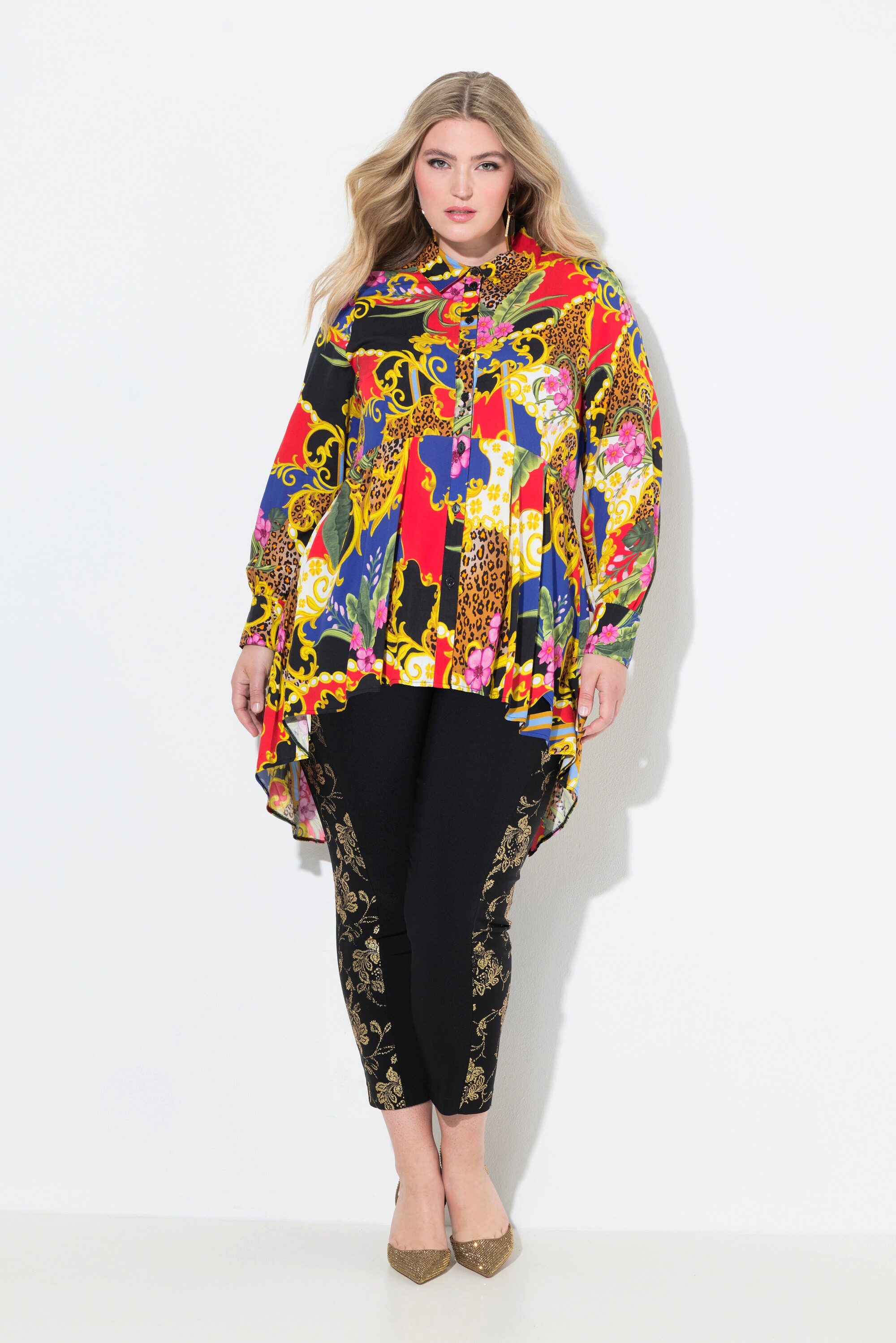 Longbluse Bluse A-Linie Alloverdruck Zierfalten