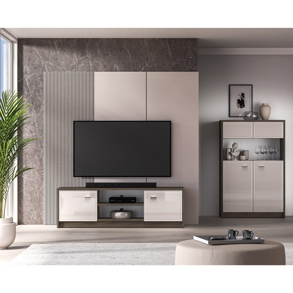 Lomadox Wohnwand ALESSANDRIA-131, (2-St., Lowboard Highboard), in Beige Hochglanz mit Eiche, inkl. LED Beleuchtung