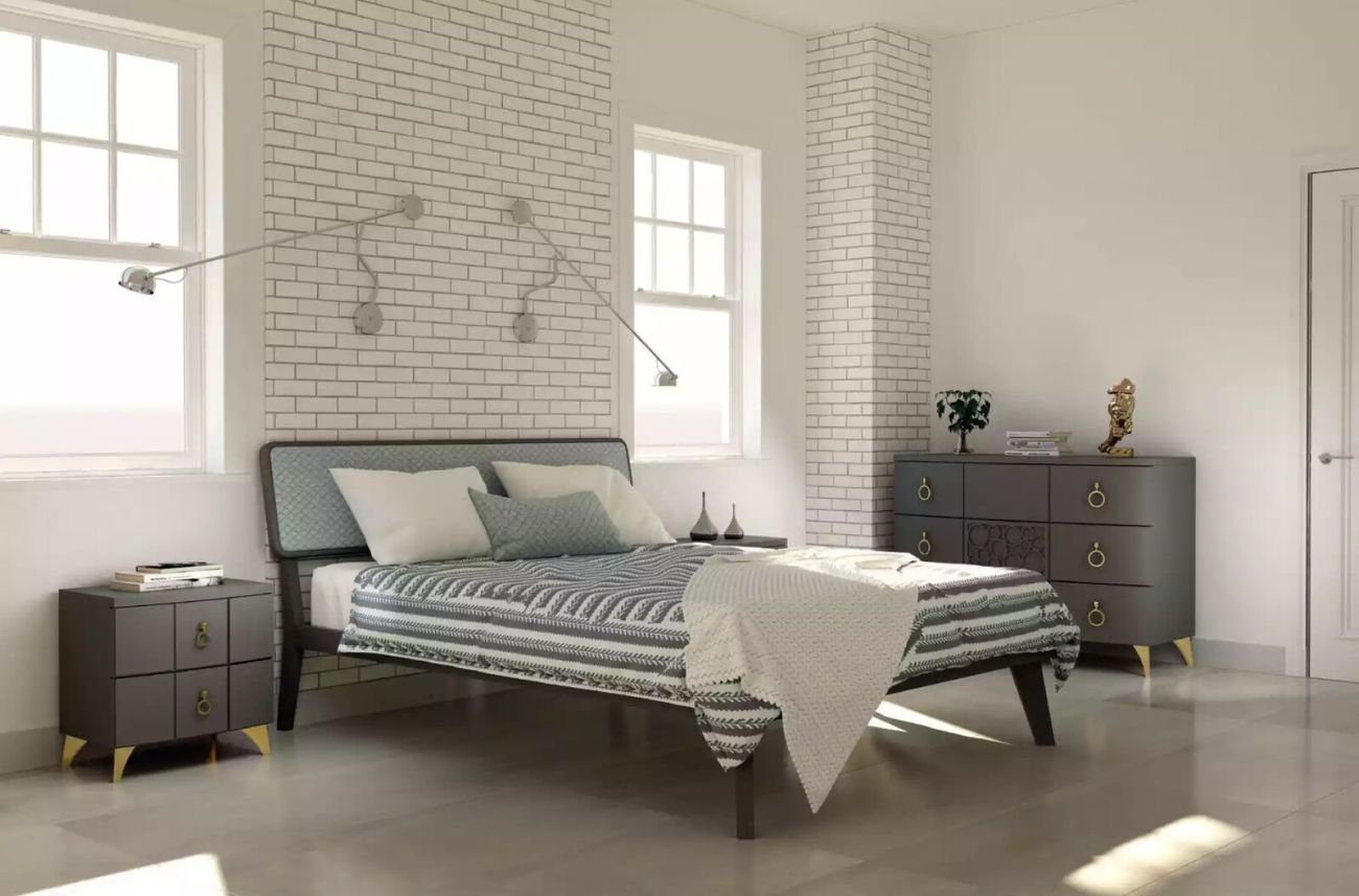 JVmoebel Schlafzimmer-Set Schlafzimmer Set Luxus Bett 2x Nachttische grau 3tlg Kommode, (4-St., 1x Bett + 2x Nachttische + 1x Kommode), Made in Italy