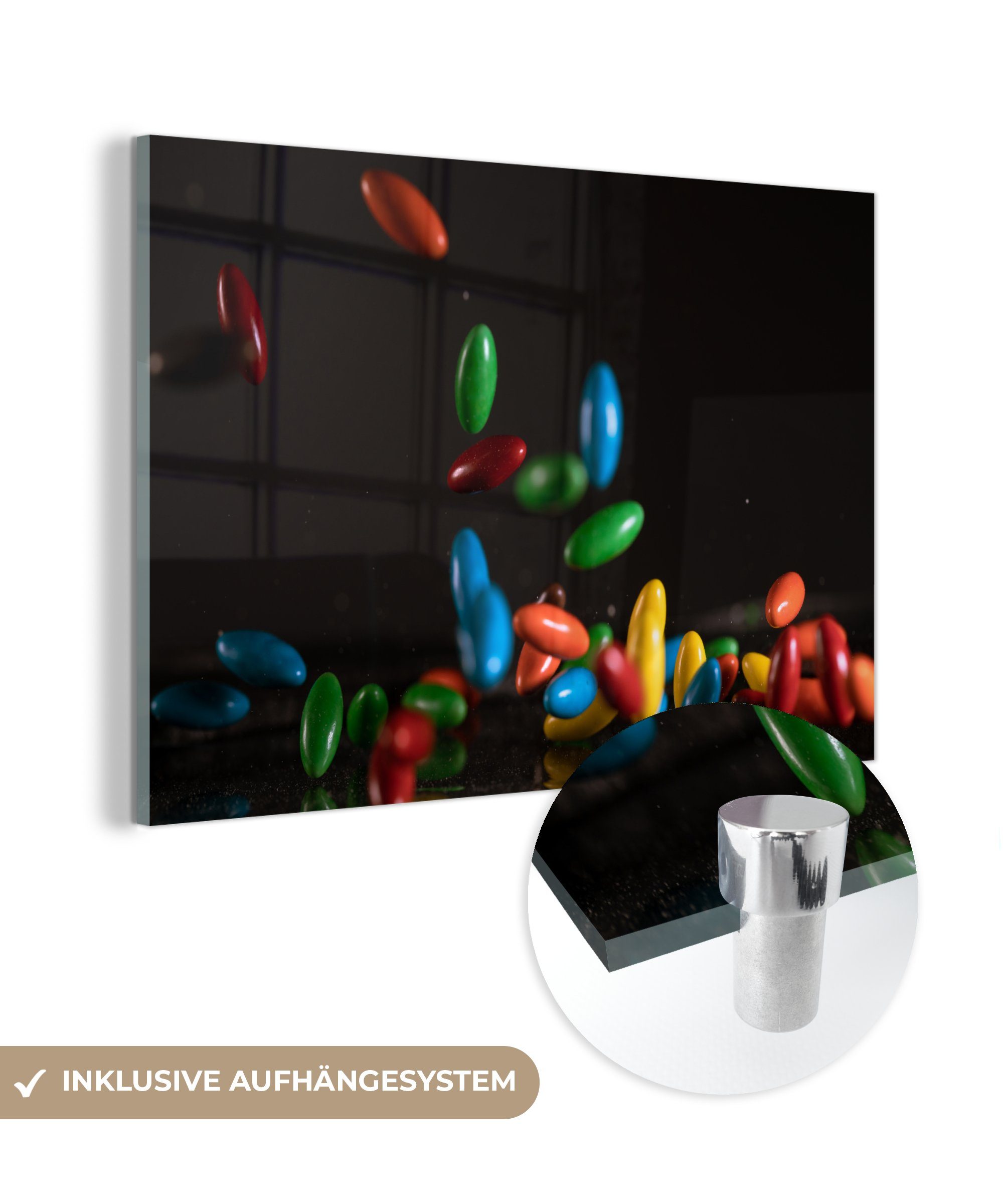 MuchoWow Acrylglasbild Fallende Schokoladenbonbons auf schwarzem Hintergrund, (1 St), Acrylglasbilder Wohnzimmer & Schlafzimmer