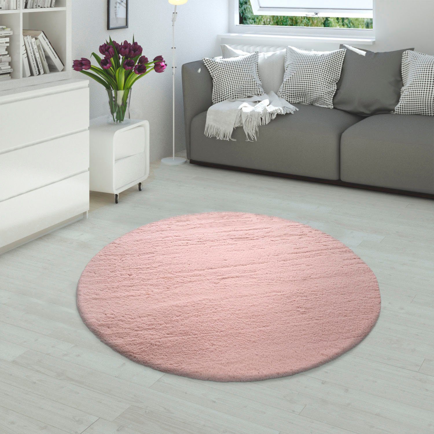 Paco Home Fellteppich Rabbit 780, rund, Höhe: 26 mm, Kunstfell, Kaninchenfell-Haptik, echter Kuschelteppich, Uni-Farben