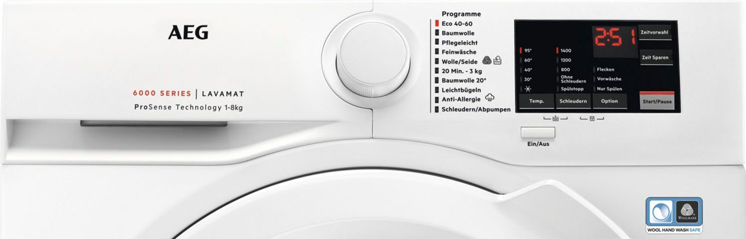 AEG Waschmaschine Dampf 8 mit kg, 1400 Programm Hygiene-/ Anti-Allergie L6FA48FL, U/min, mit 6000 ProSense-Technologie Serie