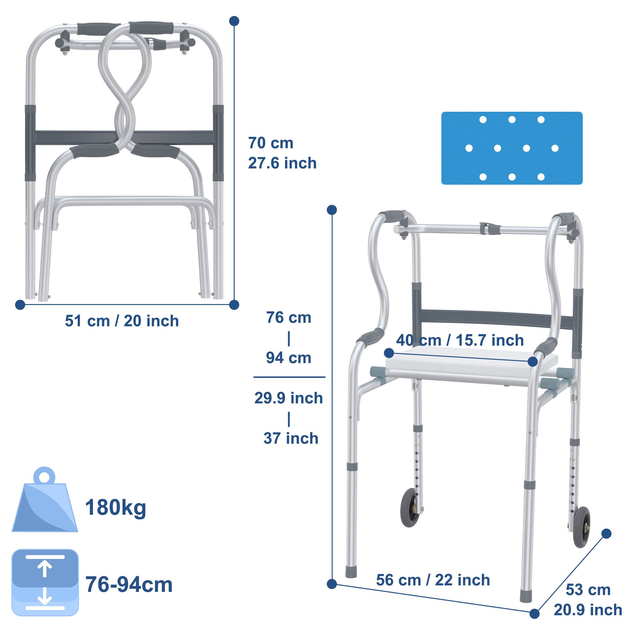 FIVMEN Gehstock Gehhilfe für Senioren Leichter Aluminium Rollator, Höhenverstellbarer Gehwagen, mit 2 Lenkrollen & Ergonomischen Griffen