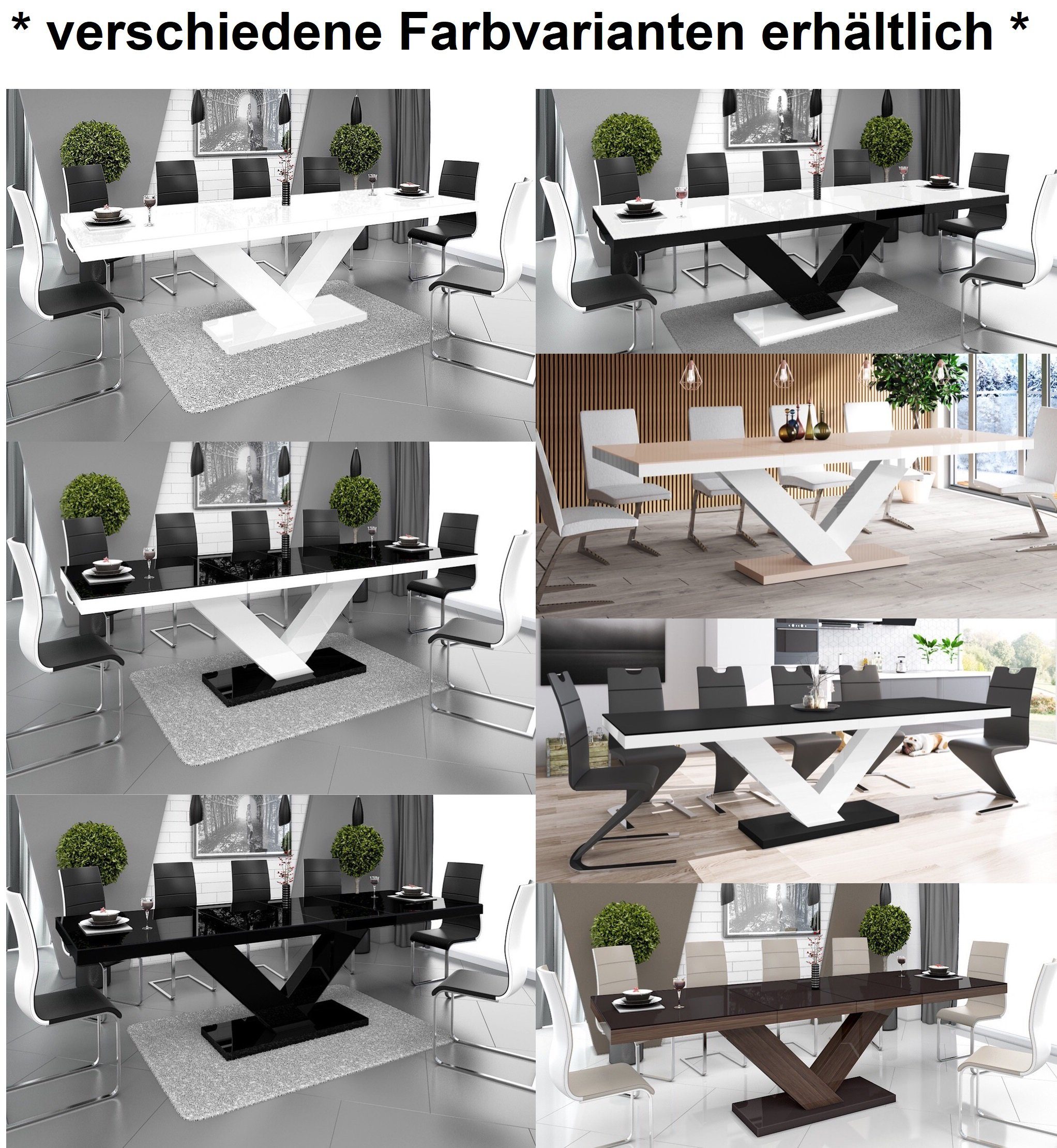 Hochglanz / 256 Schwarz ausziehbar Hochglanz bis Esstisch 160 Hochglanz designimpex Weiß Design cm Schwarz Tisch Weiß / HE-999