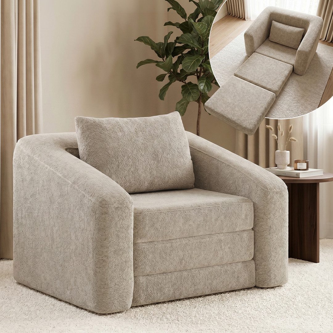 skølm Schlafsofa & Schlafsessel Fjäll Teddy-Bouclé Sofa ausklappbar mit Kissen, beige, Schlafsessel 119x100x70 cm, Relaxsessel vakuumverpackt ohne Aufbau
