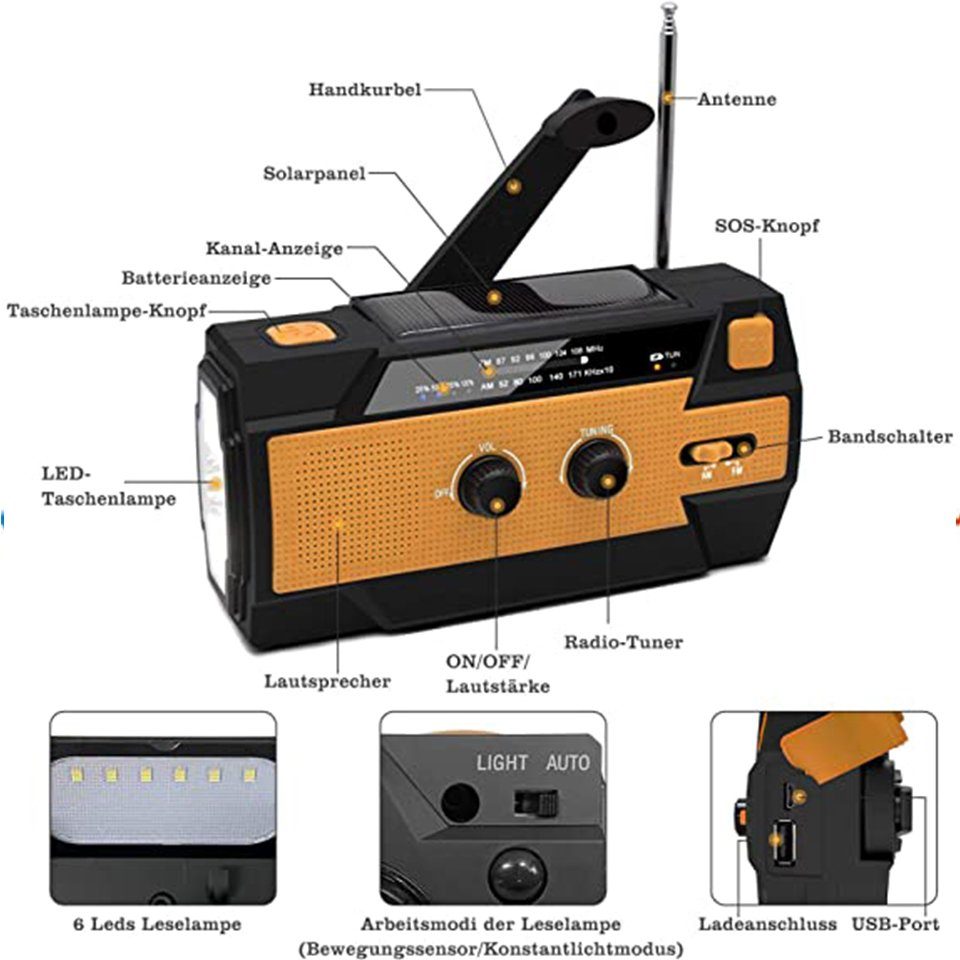 Solar Handkurbel Radio USB Handy Ladegerät FM/AM Außen LED Notfall Taschenlampe 