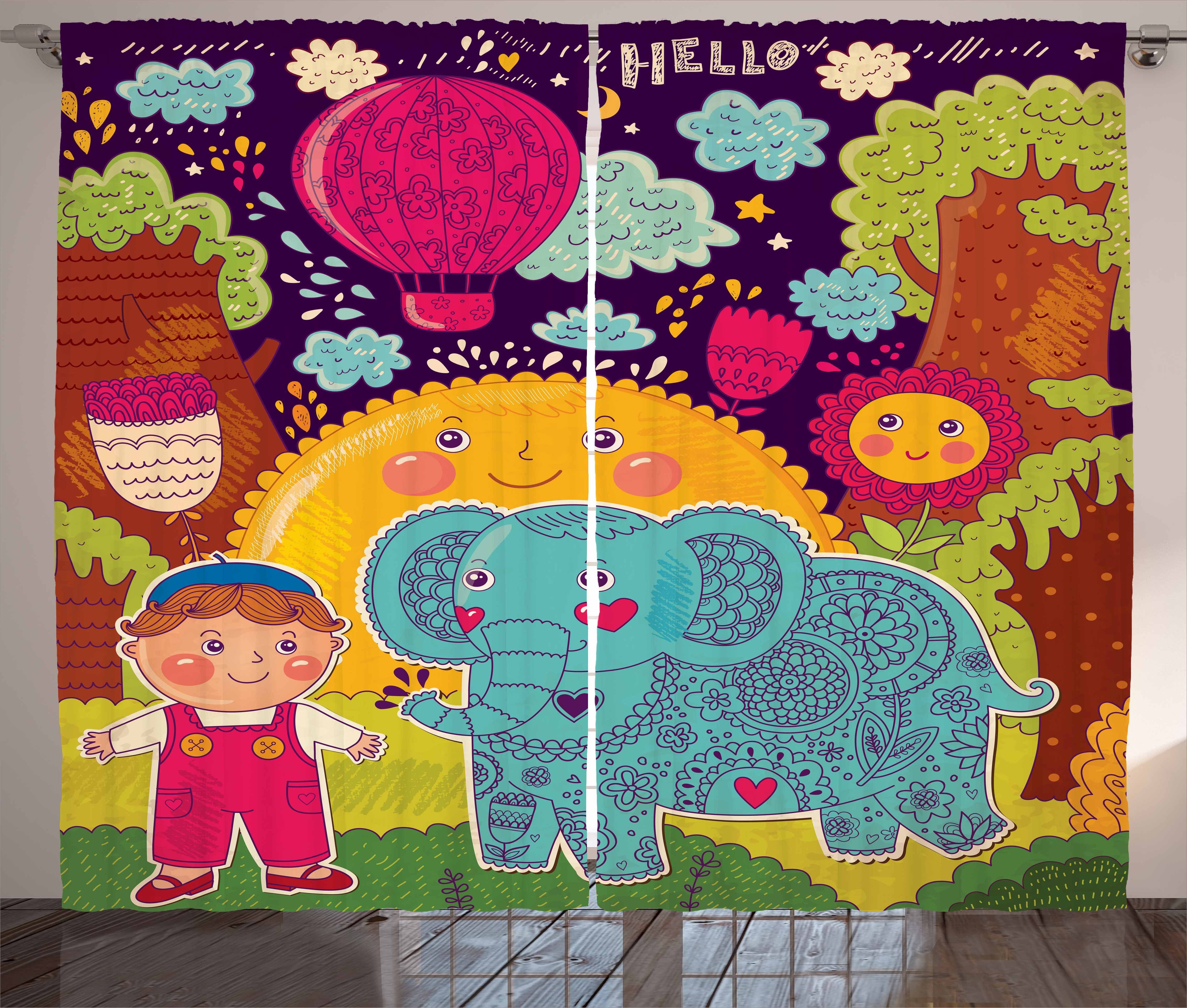 Gardine Schlafzimmer Kräuselband Vorhang mit Elefant Haken, Lächeln Abakuhaus, Schlaufen und Cartoon Sun