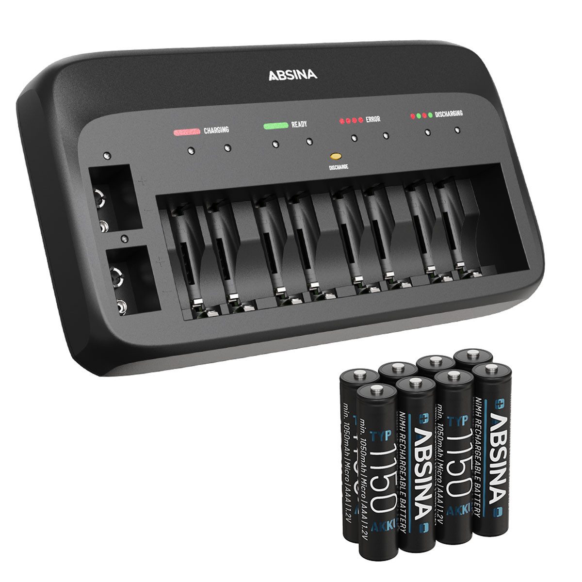 ABSINA X10 Akkuladegerät für AA, AAA & 9V - Batterieladegerät inkl. 8x Akkus Rundzellen-Lader (1-tlg)