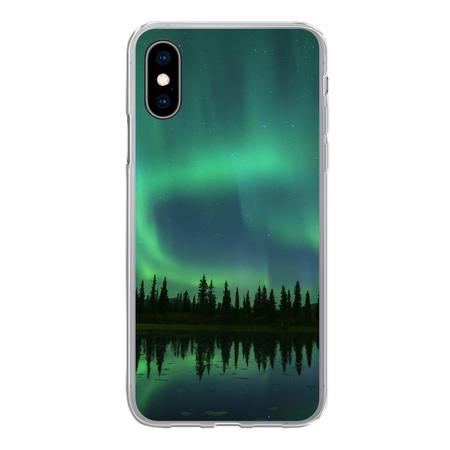MuchoWow Handyhülle für Apple iPhone X Nordlicht - Bäume - Wasser - Alaska, Smartphone-Bumper, Print, Handy Schutzhülle Dünn