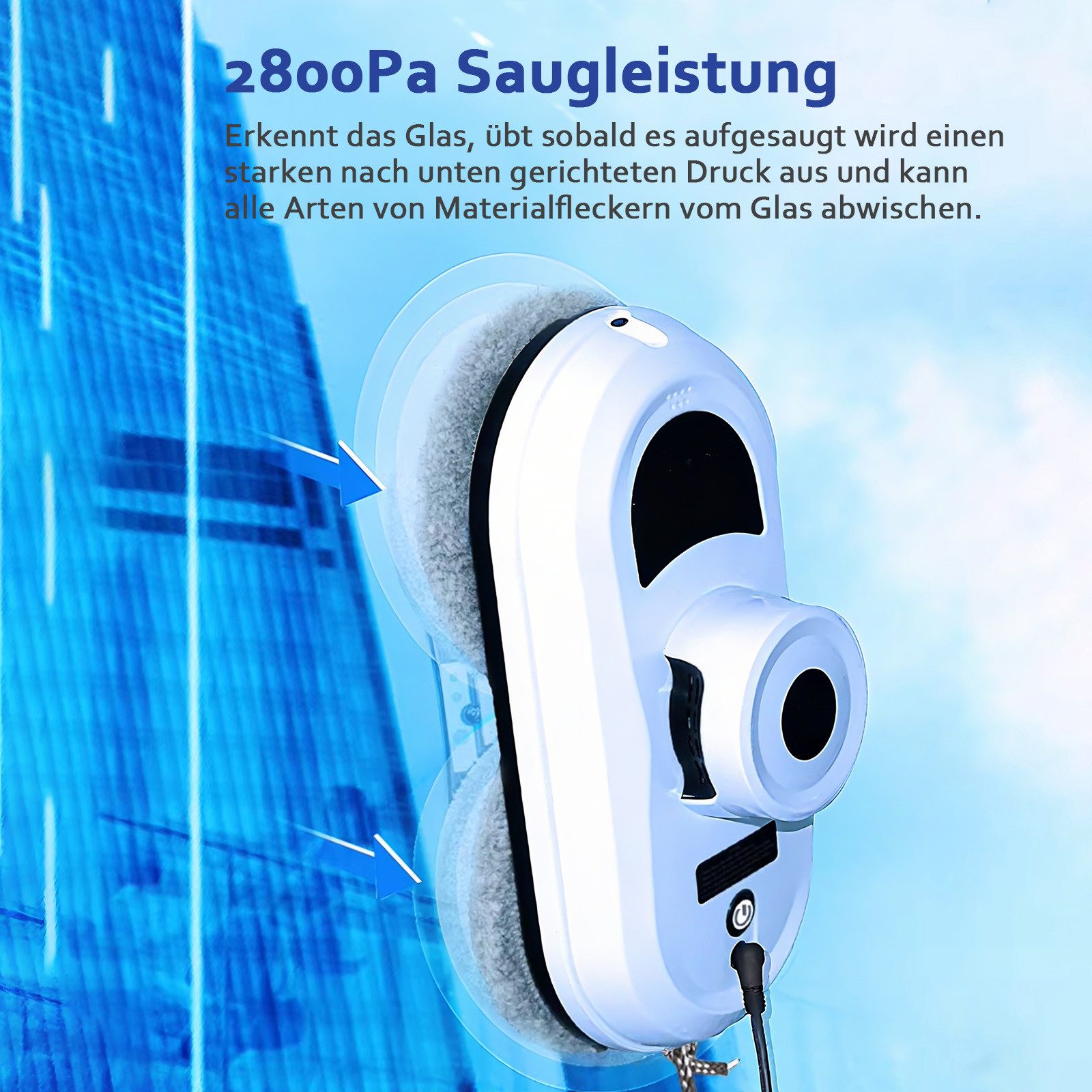 MOPUEA Fensterputzroboter Intelligenter Fensterputzer Fenstersauger mit Fernbedienung, USV-Stromausfallschut Fensterreiniger Roboter Starker Saugkraft 2800Pa