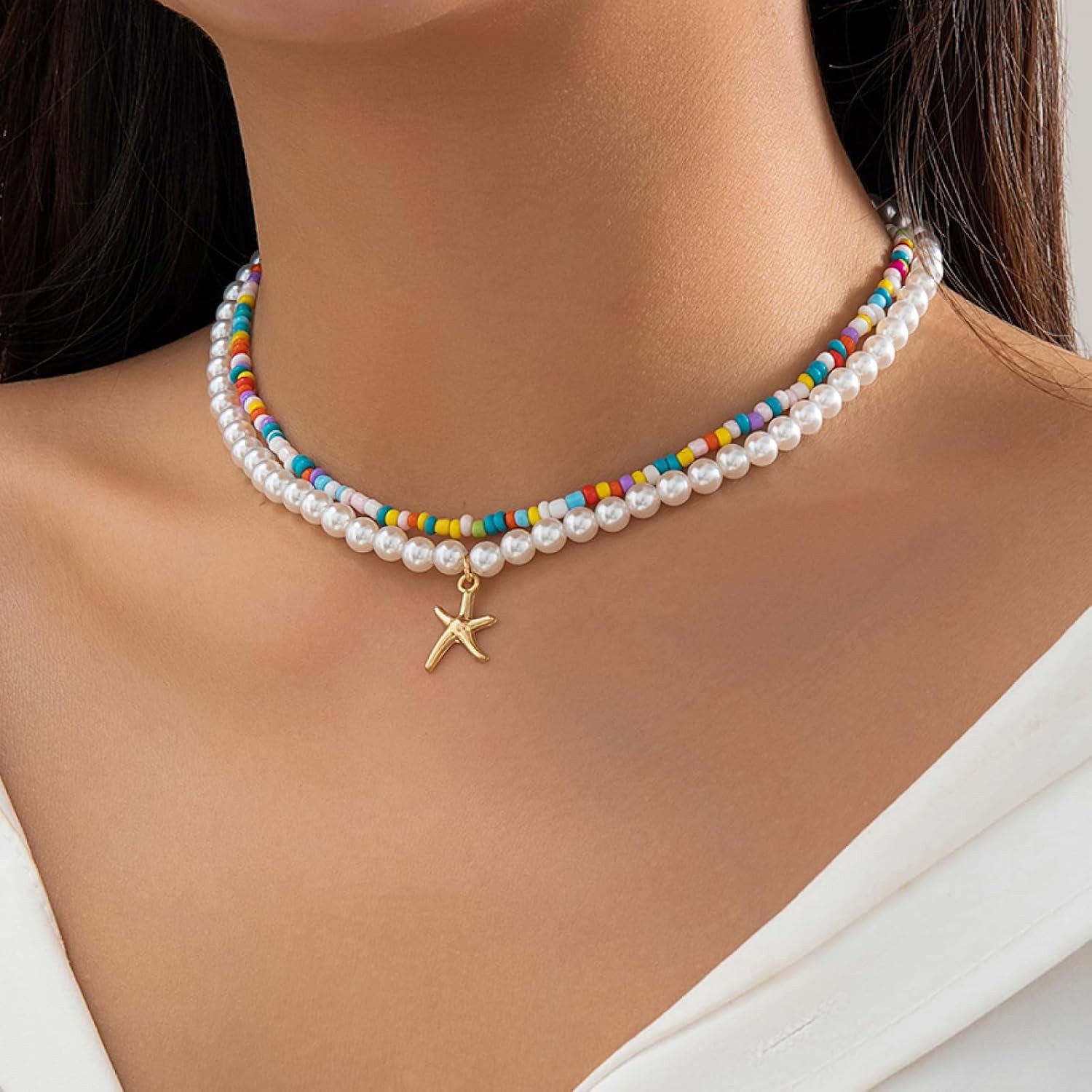 MOPUEA Kette mit Anhänger Bohemian Seestern Halskette, Strand Perlen, verstellbare Halskette (Anhänger Choker Y2K Schmuck Accessoires Geschenke für Frauen, 2-tlg), Sommer Schmuck Bunte Perlen Seestern Halskette Accessoires Outfits