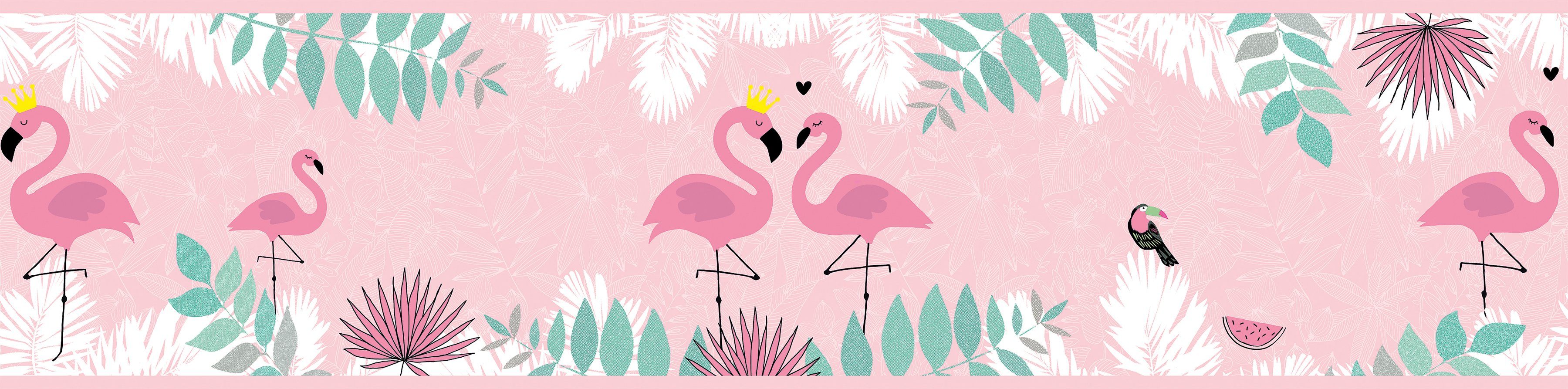A.S. Création Bordüre Flamingo Love, glatt, Tapete Kinderzimmer Rosa Grün Weiß