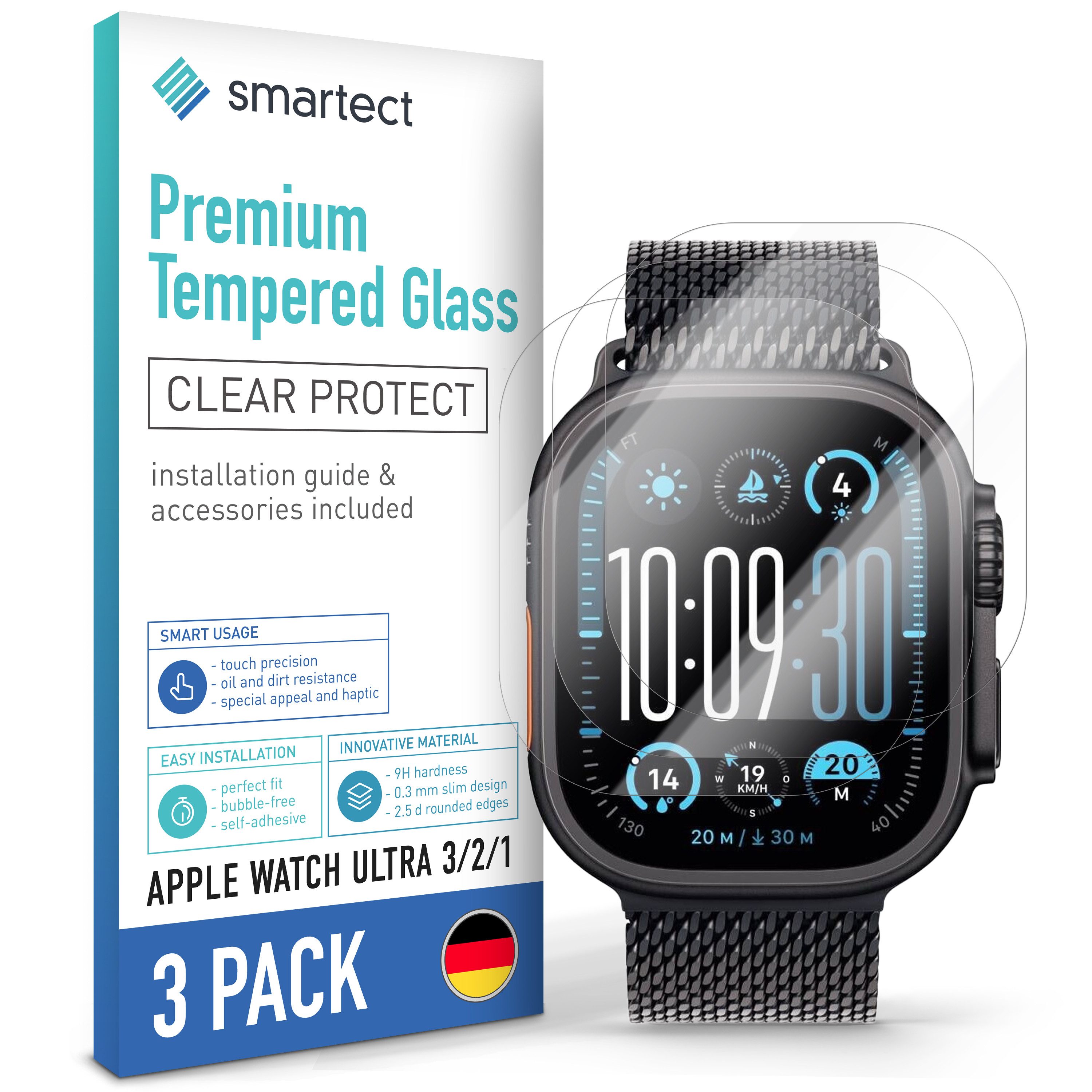 smartect Displayschutzglas 3X Schutzglas Panzerfolie Klar für Apple Watch Ultra 4 / 3 / 2 / 1 für Apple Watch Ultra 4 / 3 / 2 / 1, Set, 3 Stück, 0.3 mm Ultra-klar, 9H Härte, Kratzfest, Stoßfest, Blasenfrei, Oleophob
