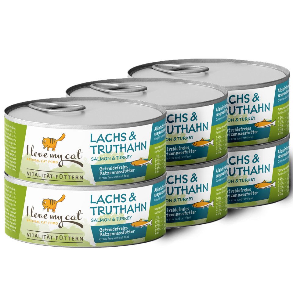 I love my cat NATURAL CAT FOOD Katzenfutter Nass getreidefrei mit Lachs und Truthahn – 6x100g, Nassfutter für: Katzen, 65 % tierischer Anteil, zuckerfrei, ohne Soja, ab 6 Monaten