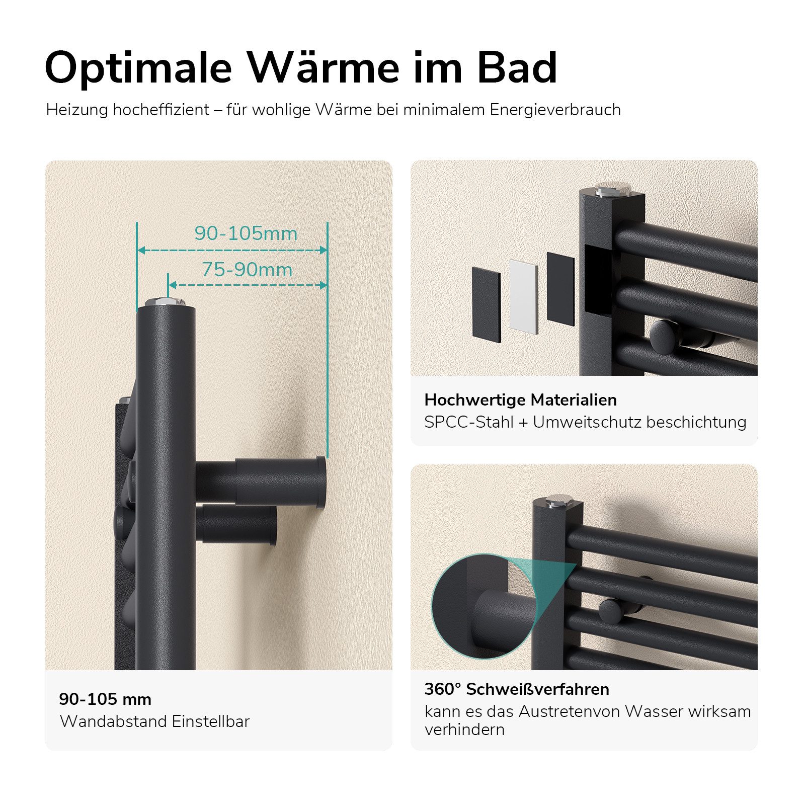 EMKE Badheizkörper Handtuchheizkörper Badezimmer Handtuchtrockner für kleines Bad, Handtuchwärmer Mittelanschluss 3/4 qm Raum 244-337W
