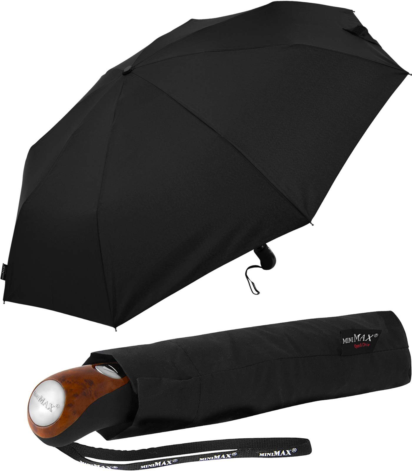 Holzoptik, zuverlässige Taschenregenschirm Herren der schwarz für Knaufgriff Auf-Zu-Automatik den miniMAX® in Begleiter Impliva