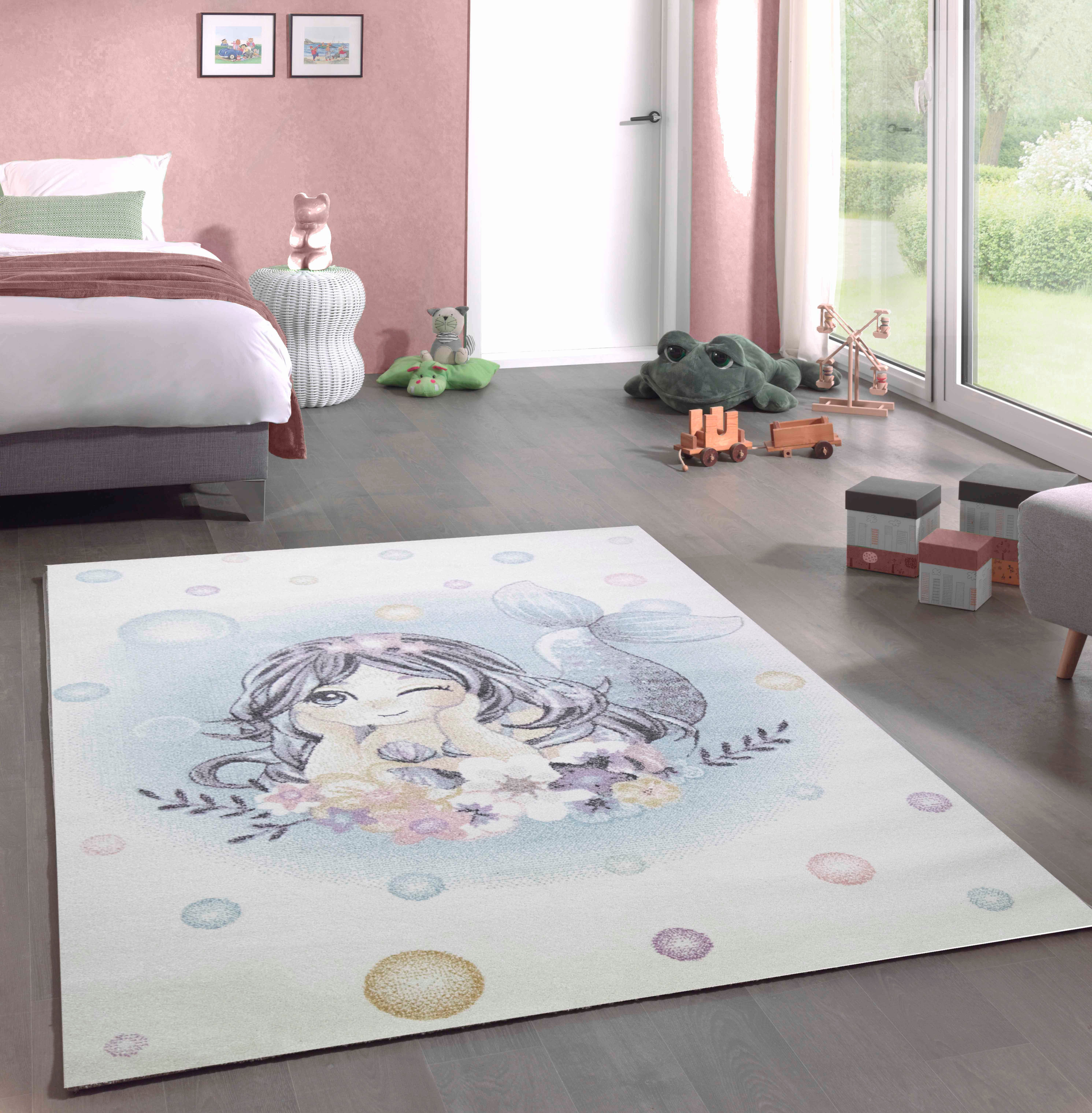 Carpetia Kinderteppich Meerjungfrau Designer Teppich Kinderzimmer creme gelb blau weiß, rechteckig, Höhe: 9 mm