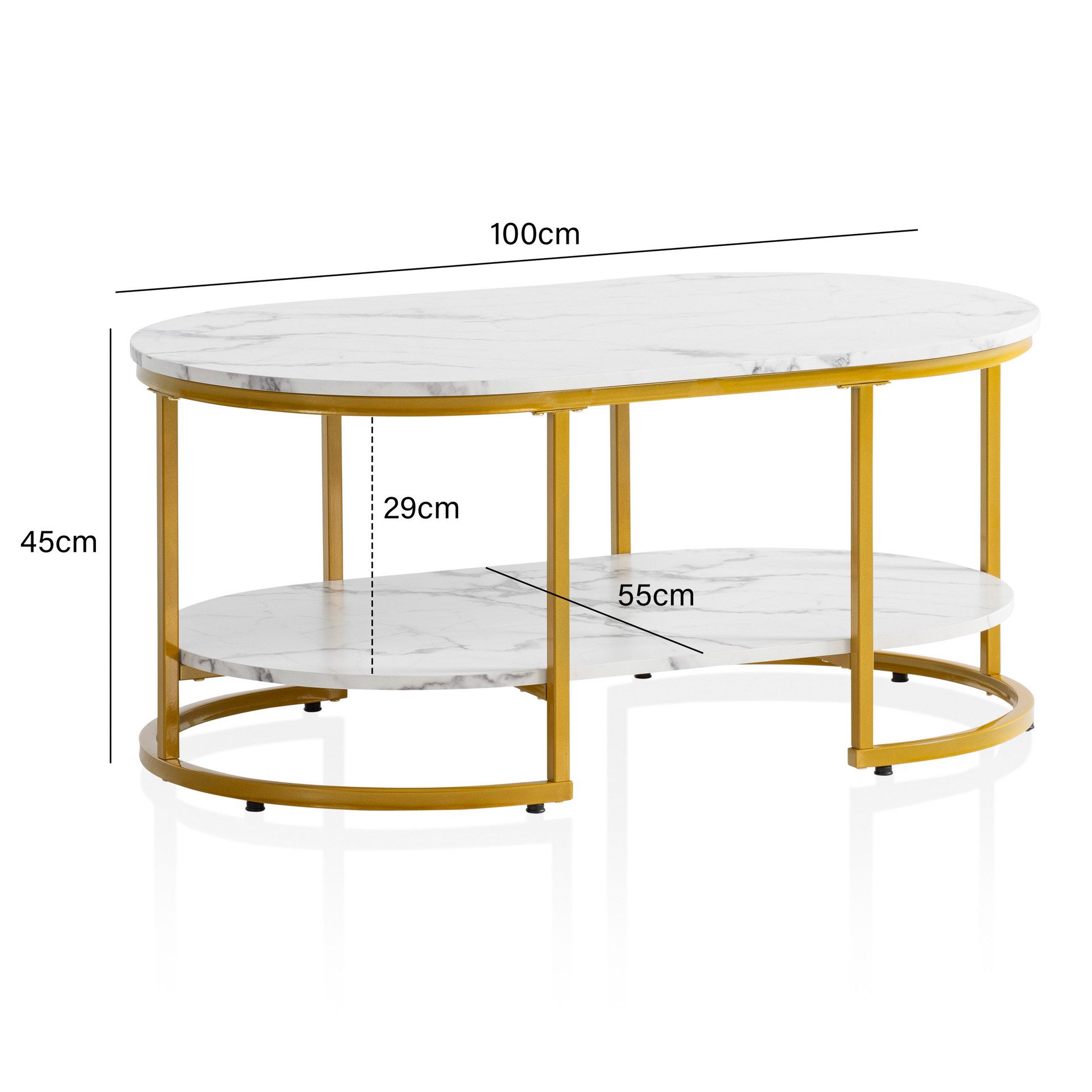 FINEBUY Couchtisch FB59209 Sofatisch 100 cm Marmor Optik Wohnzimmertisch Tisch Ablage (Wohnzimmertisch, Kaffeetisch mit Stauraum), 100x60x45cm, Sofatisch Marmor Optik Weiß Modern