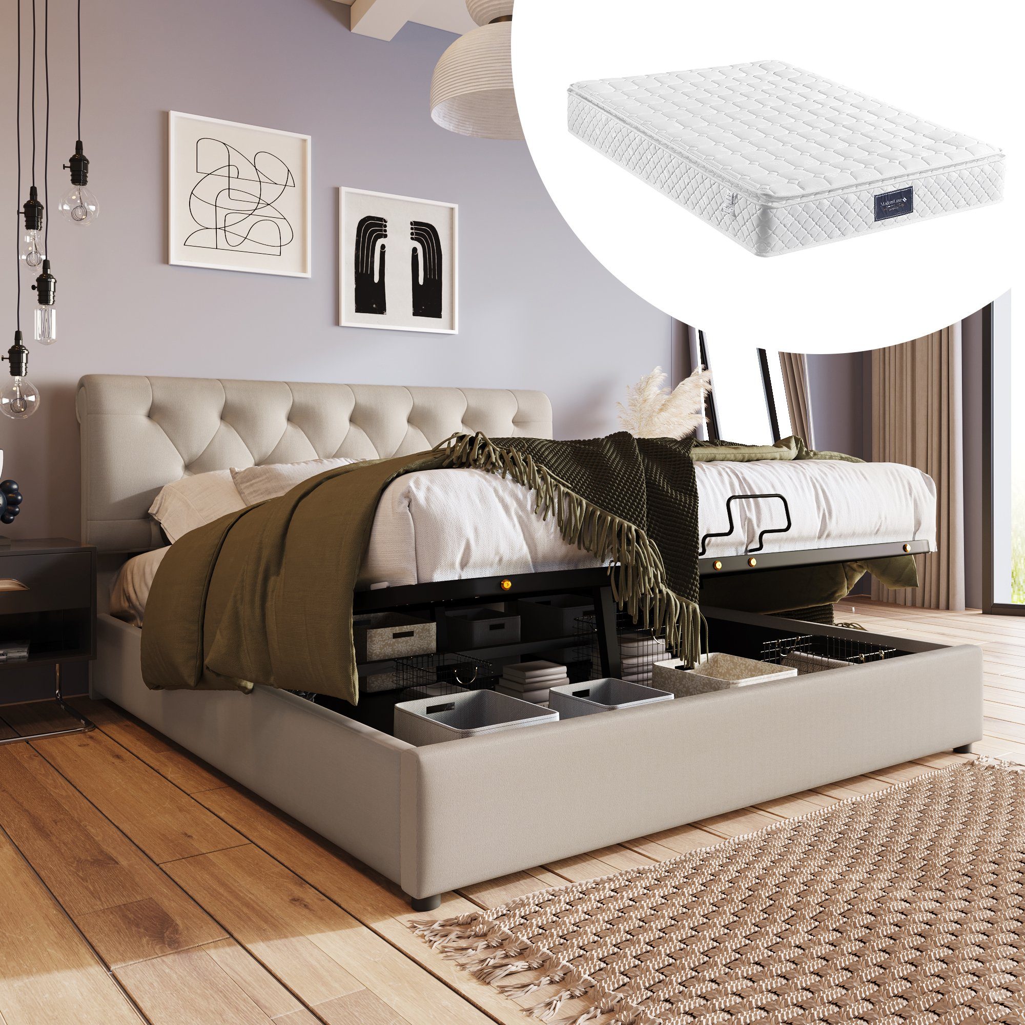 Boxspringbett (Polsterbett mit Lattenrost, Bettkasten und Matratze, verstellbarem Kopfteil), 140x200 cm Hydraulisches Doppelbett, Bezug aus Leinen, Kiefernholz