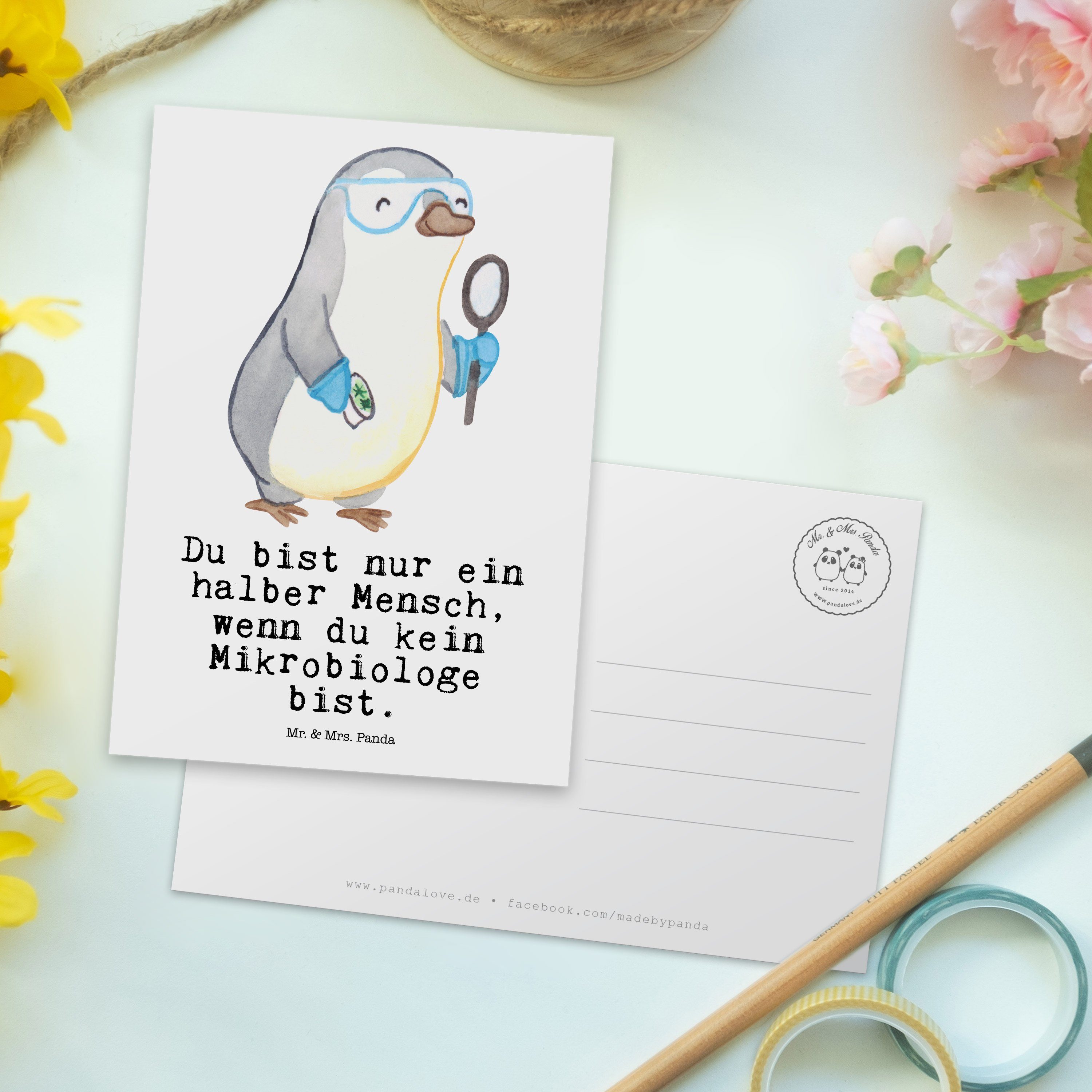 Mr. & Mrs. Panda mit Geschenk, Weiß Herz Labor, Arbeitskol Mikrobiologe Grußkarte, - - Postkarte