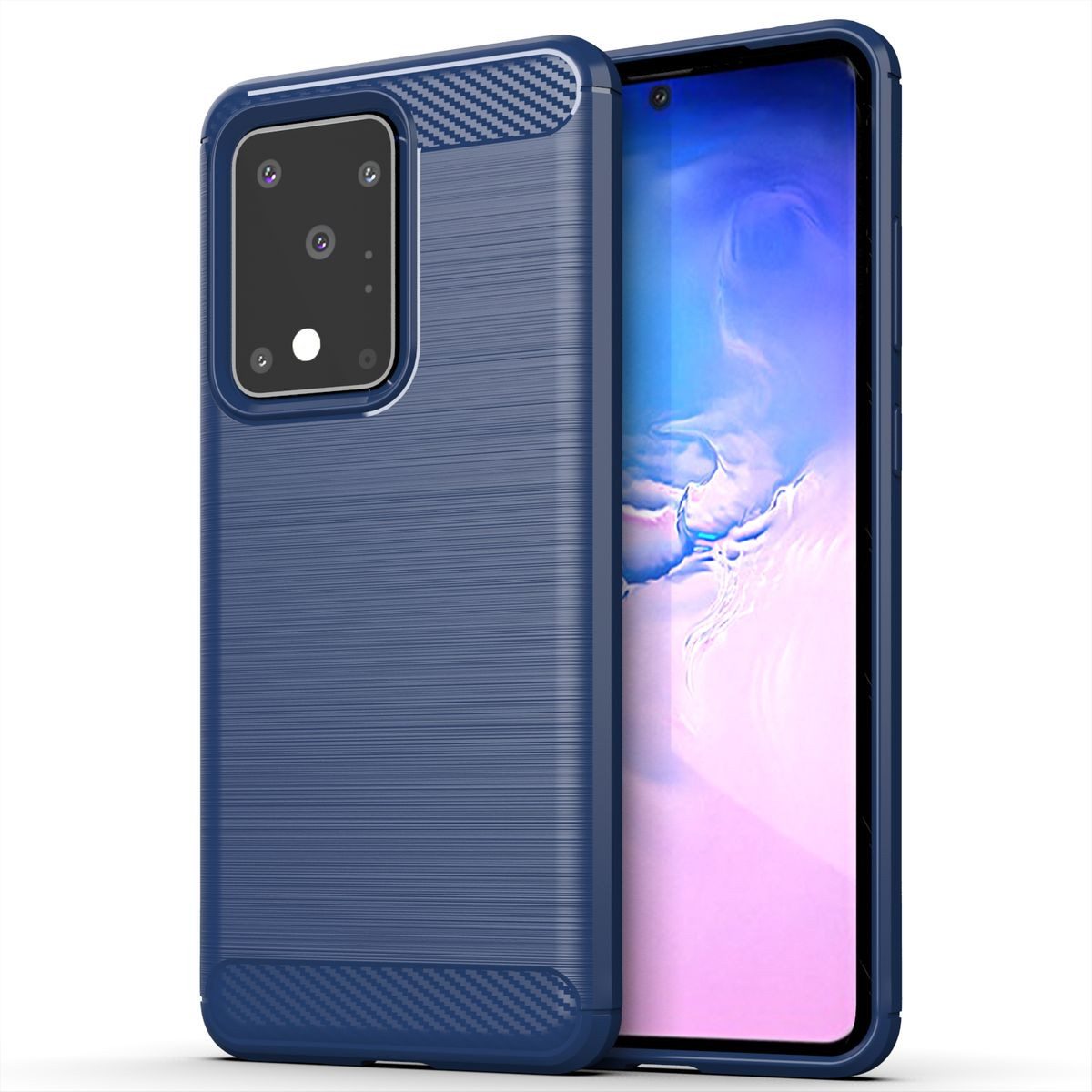 König Design Handyhülle Samsung Galaxy S20 Ultra, Samsung Galaxy S20 Ultra Handyhülle Carbon Optik Backcover Blau