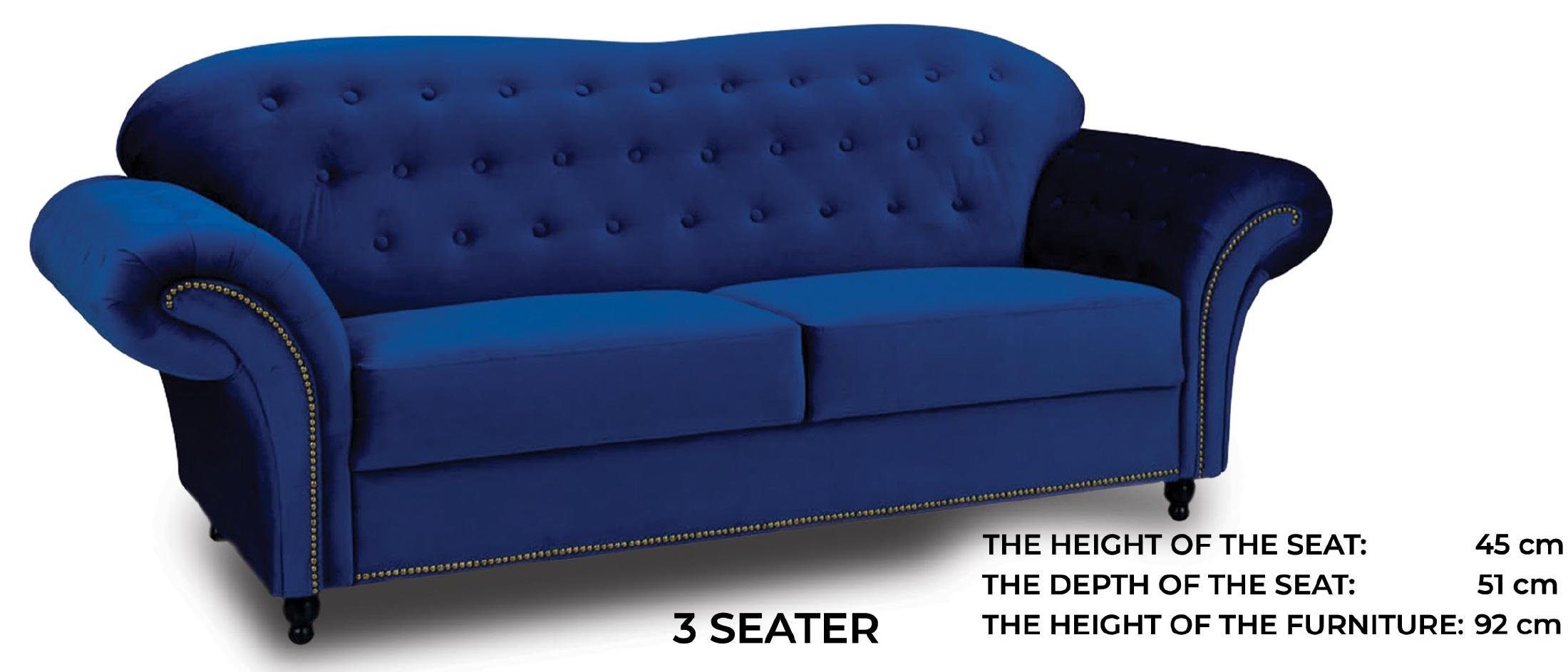 JVmoebel Sofa Blauer luxus Chesterfield Dreisitzer mit Nieten Polster Neu, Made in Europe