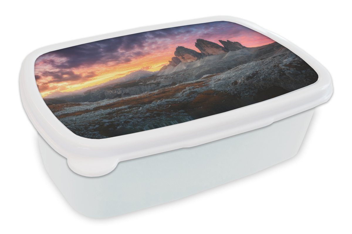 MuchoWow Lunchbox Felsen - Berg - Sonnenuntergang - Landschaft, Kunststoff, (2-tlg), Brotbox für Kinder und Erwachsene, Brotdose, für Jungs und Mädchen weiß