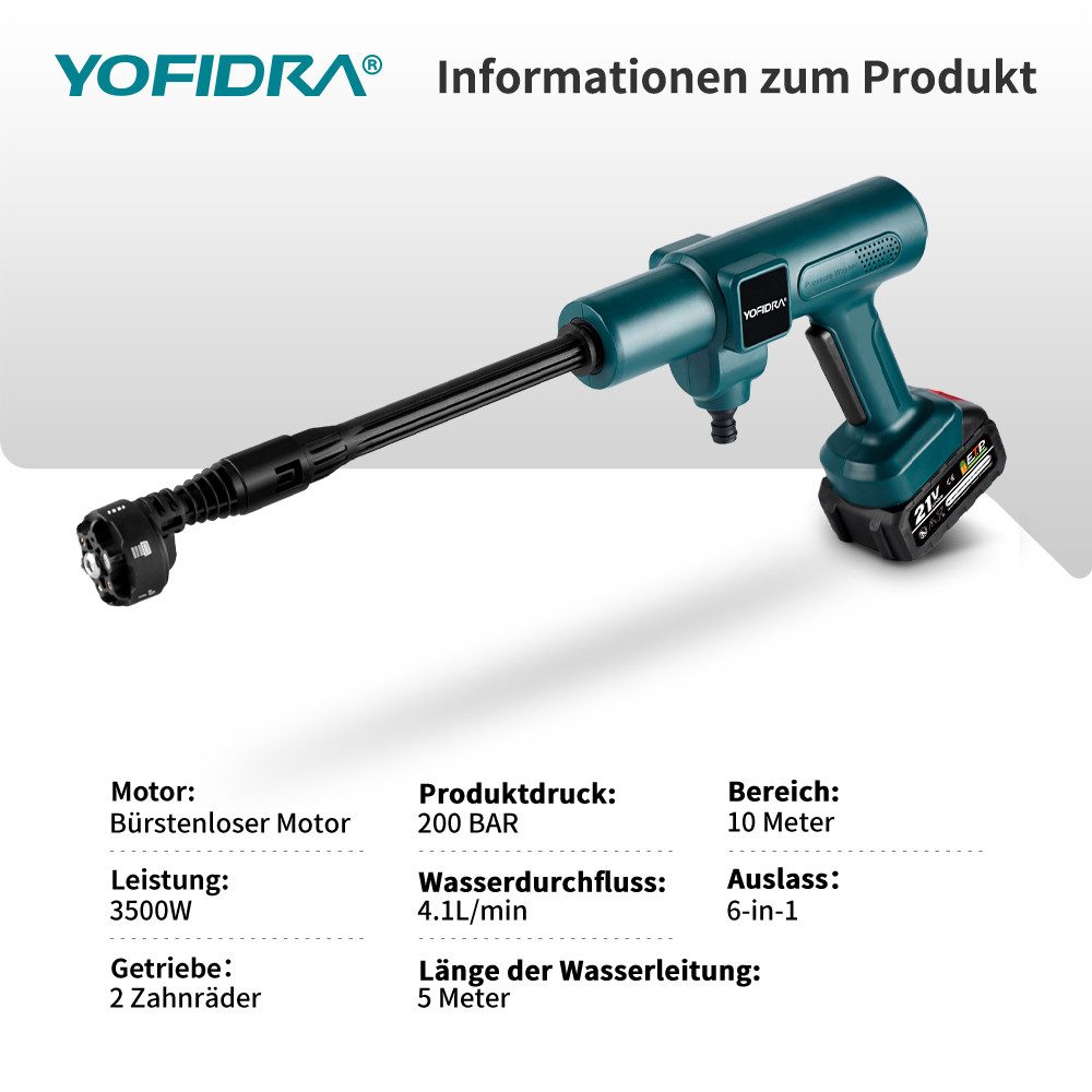 Yofidra Akku-Hochdruckreiniger 70 Bar Bürstenlose Tragbarer Hochdruckreiniger, mit 2 x Akkus & 6-in-1 Düse, für die Garten, Balkon, Auto, Bewässerung
