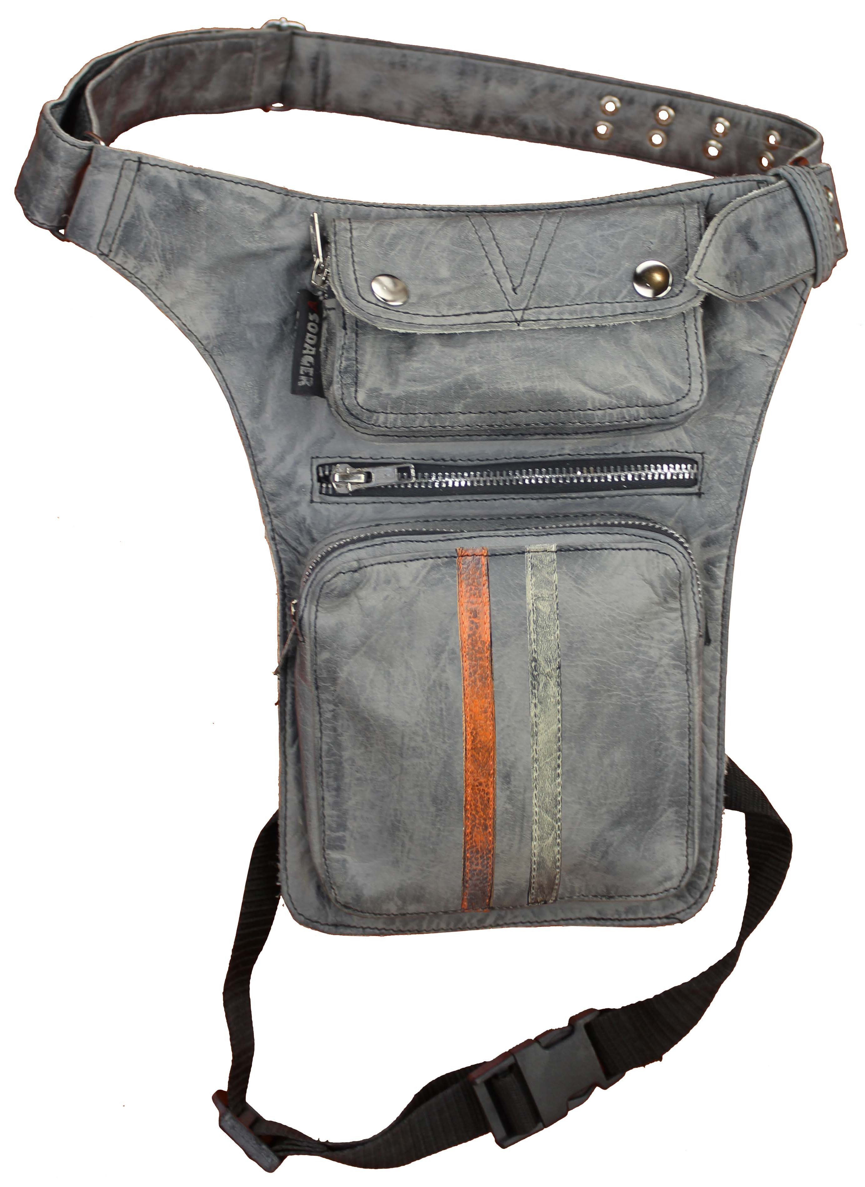 Alpha Speeds Beintasche Motorrad & Biker Echt Leder Beintasche Vintage Custom 2 Streifen Grau (aus weichem Lammleder, 1-tlg)