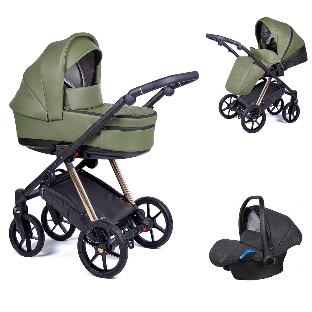 babies-on-wheels Kombi-Kinderwagen 3 in 1 Kinderwagen-Set Axxis Premium - 15 Teile - in 12 Designs Tannengrün = Gestell gold