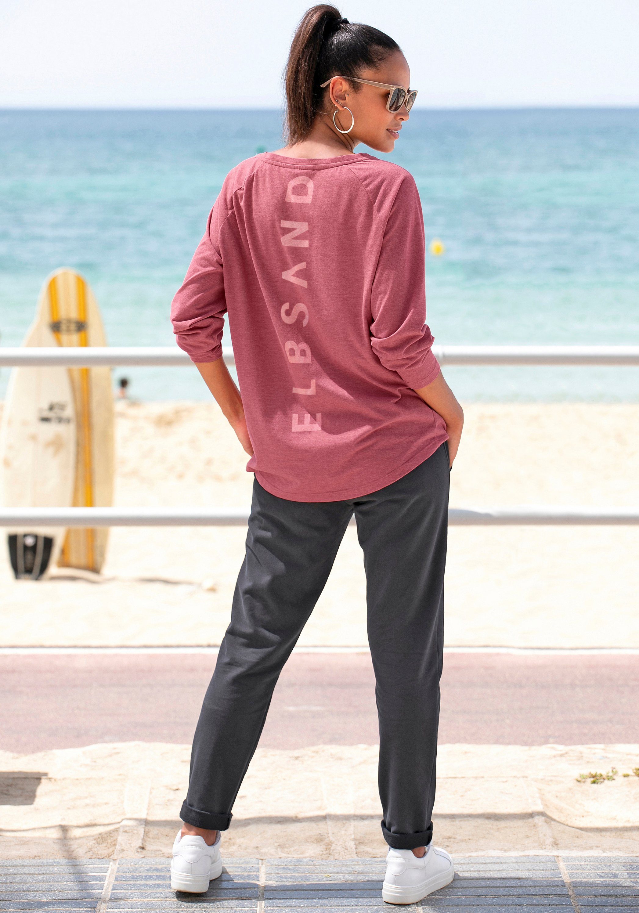 Langarmshirt, Logodruck meliert mauve mit Longsleeve Elbsand hinten, Tira sportlich-casual
