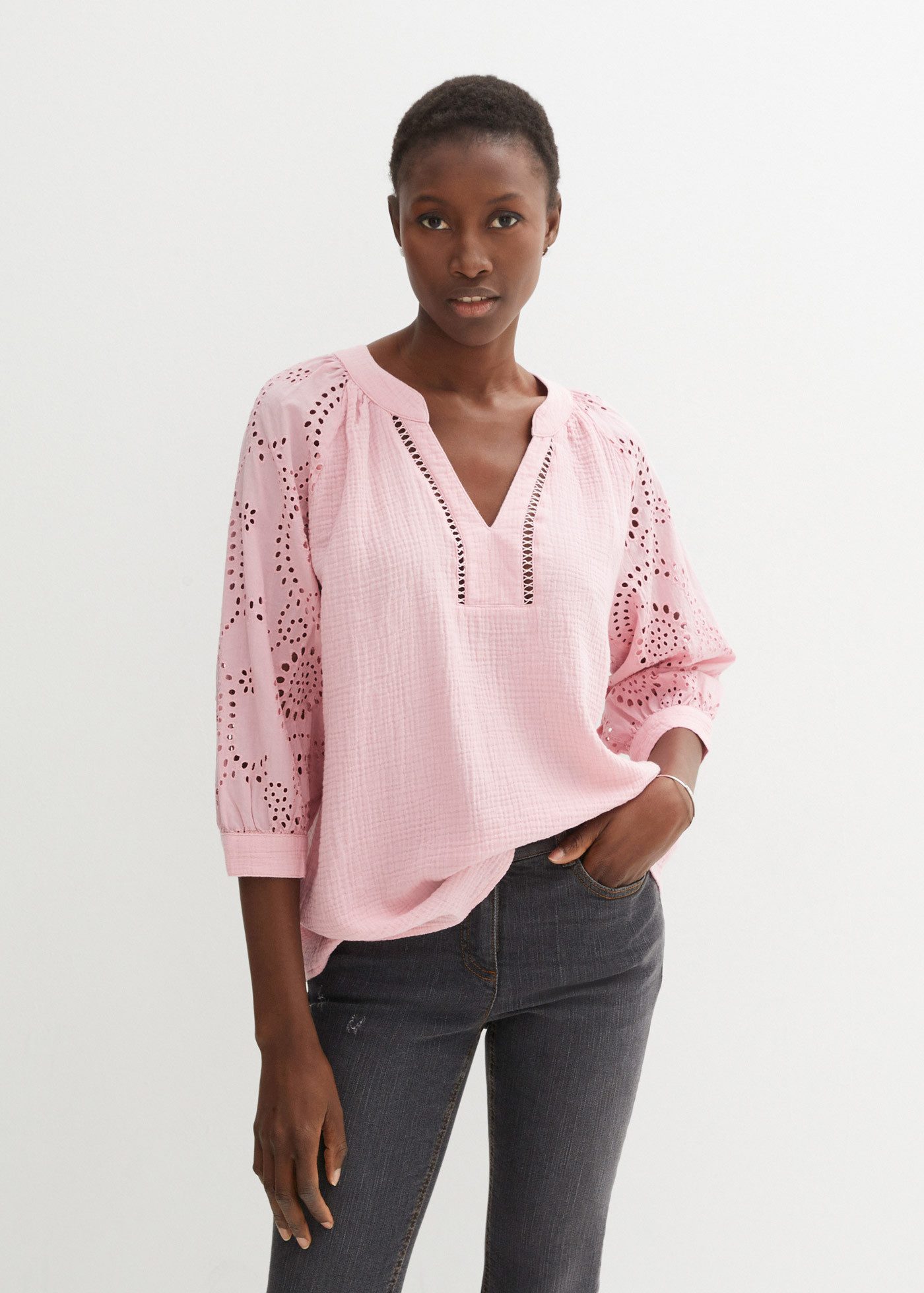 bonprix Tunika figurumspielende Passform, mit 3/4-Ärmeln, aus reiner Baumwolle