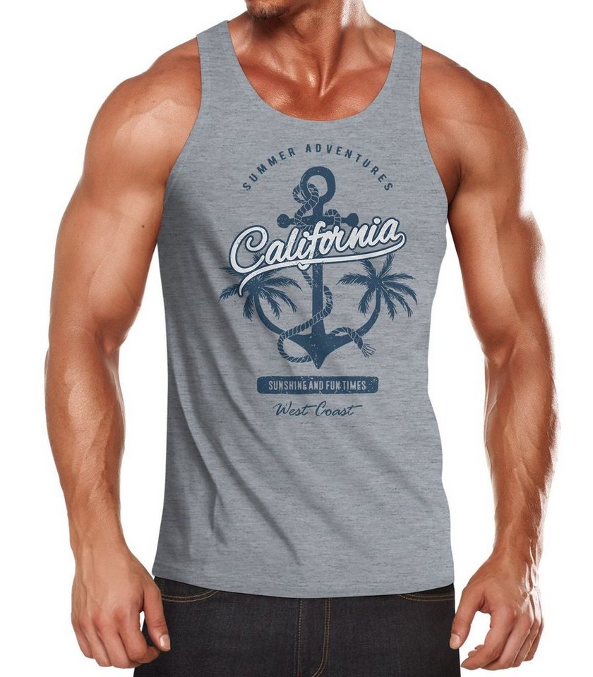 Neverless Tanktop Herren Tank-Top Anker Palmen Anchor Palms Muskelshirt Muscle Shirt Slim Fit Baumwolle Neverless® mit Print