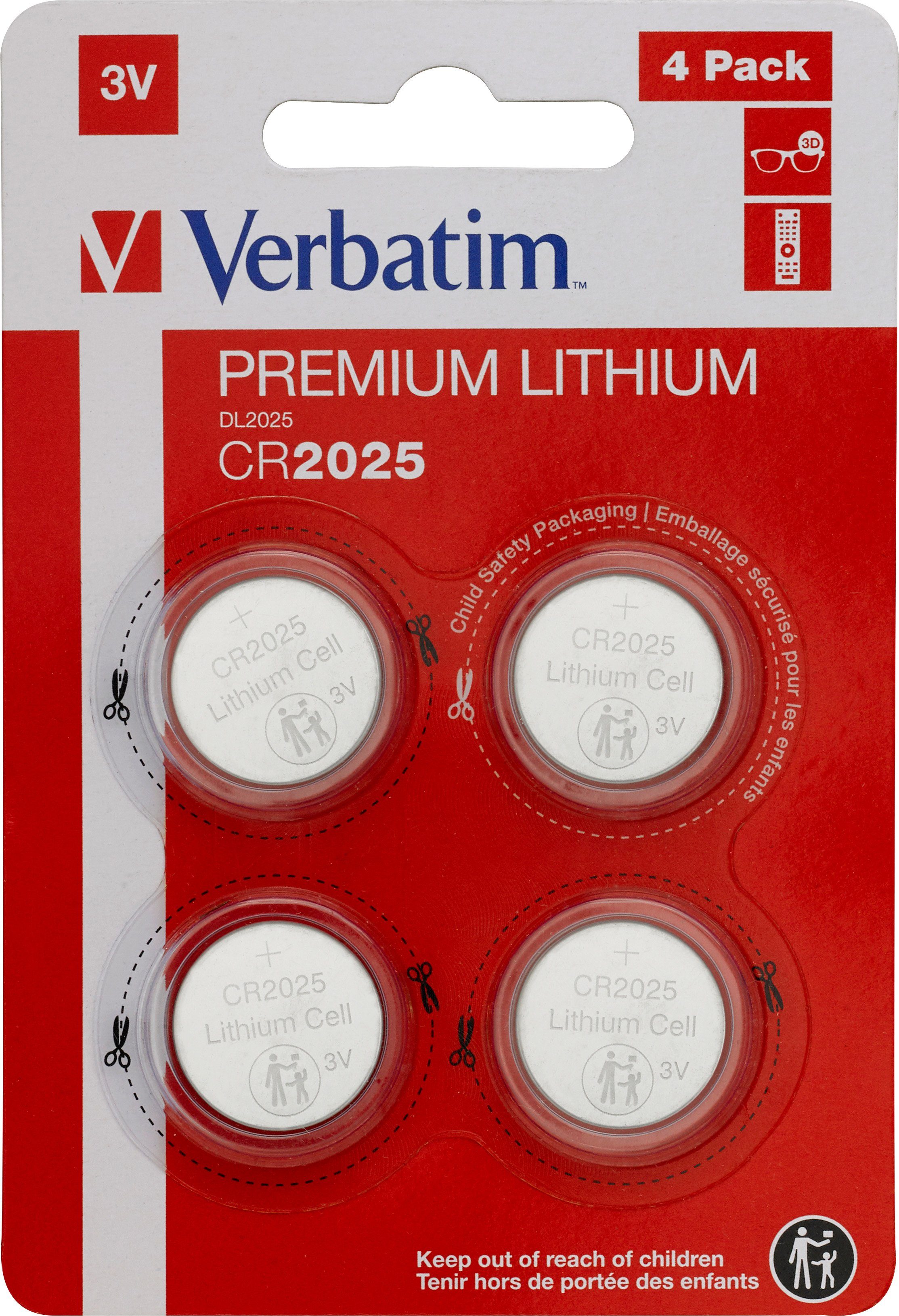 Verbatim Verbatim Batterie 3V Knopfzelle CR2025, Retail Blister Lithium, Knopfzelle, (4-P
