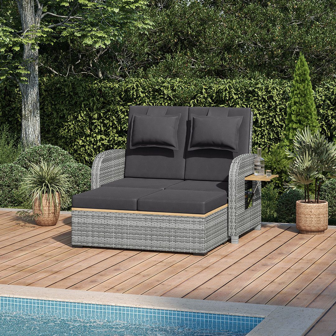 STEELSØN Gartenlounge-Set Caelum Gartensofa mit Liegefunktion, (grau/anthrazit, mit Kissen, wetterfest), Rattan Sonnenliege, herausziehbare Bank, ausklappbare Seiten-Tabletts
