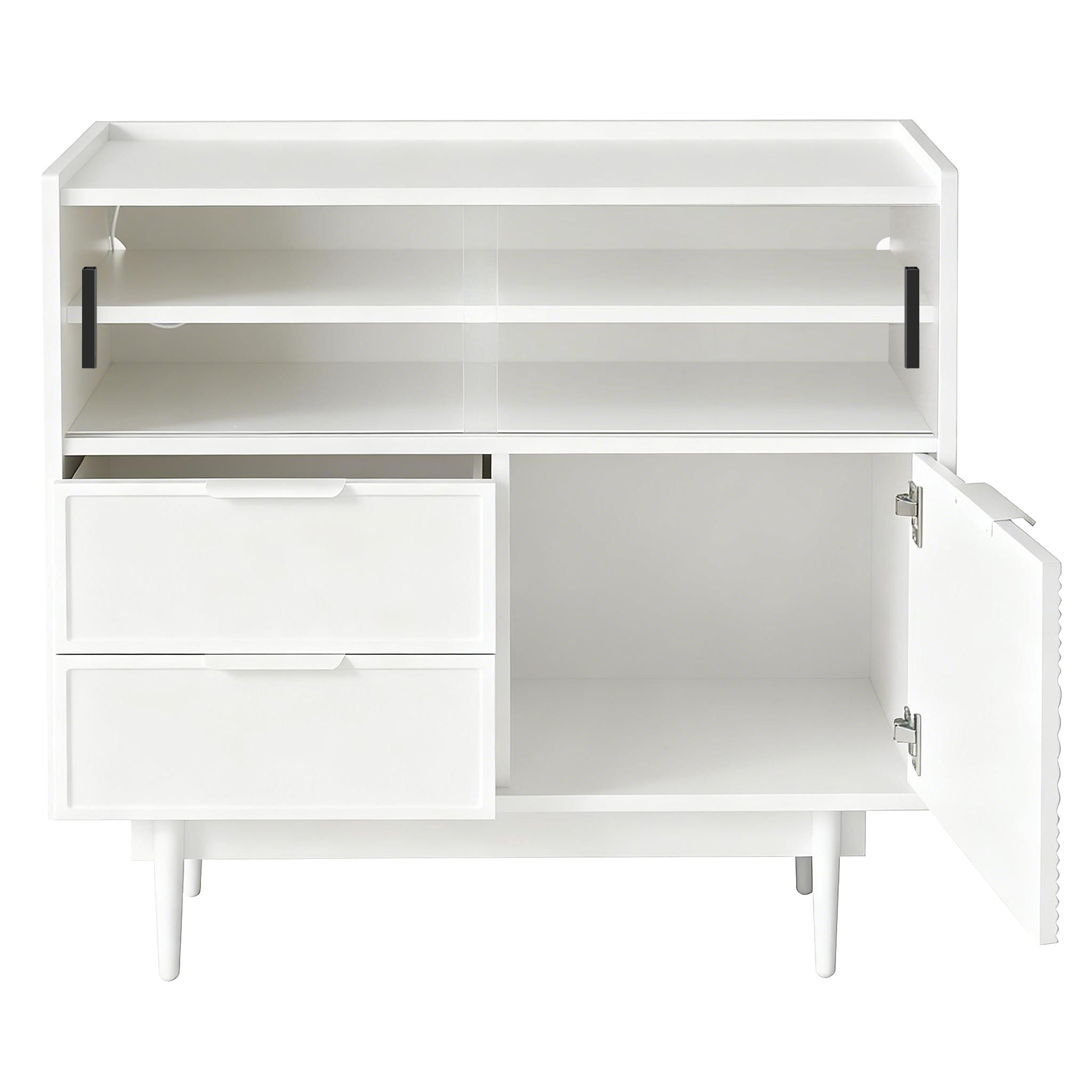 Flieks Sideboard mit 2 Schubladen und 2 Glasschiebetüren (1 St., B80/T35/H80 cm), Kommode mit LED-Beleuchtung Wohnzimmerschrank Weiß, Metallbeine