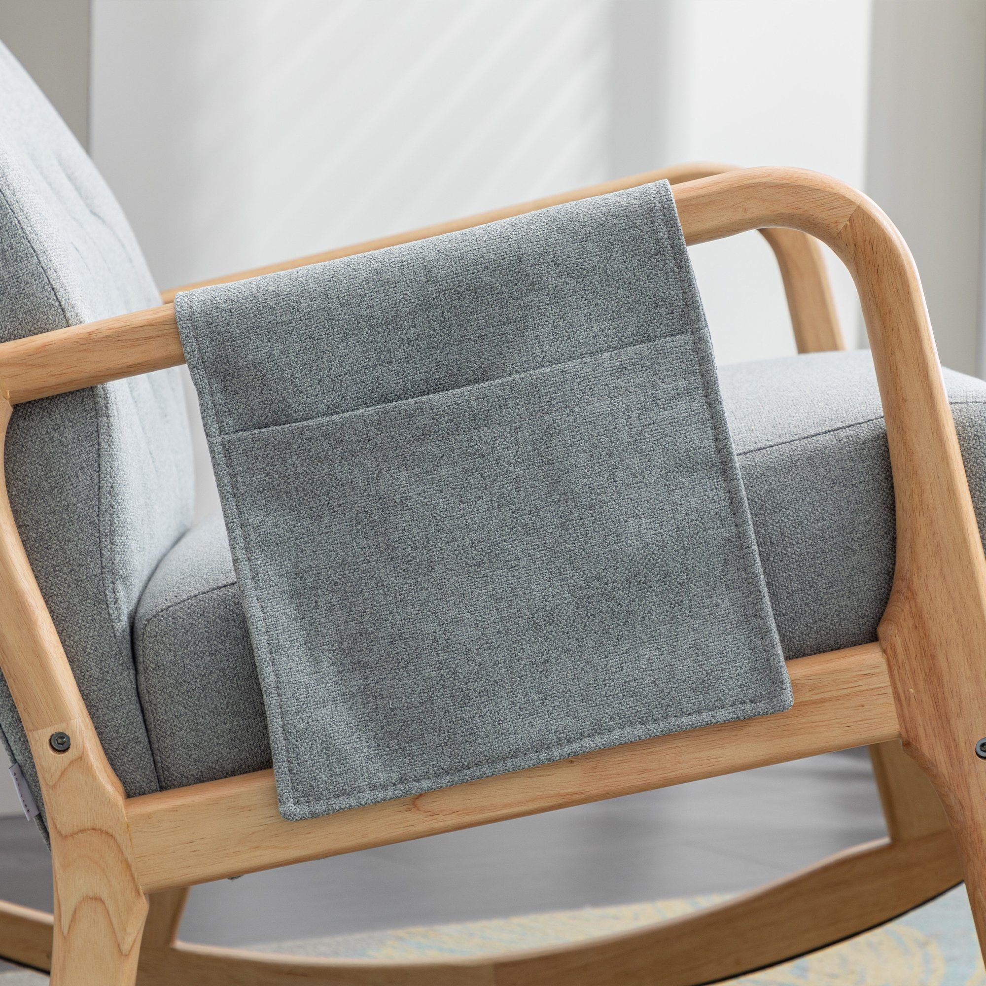 Design Mit Relaxsessel grau Relaxstuhl, Schaukelsessel, mit OKWISH und Hocker), integriertes Seitentaschen, (Leinen, Schaukelstuhl Rückenlehne Kissen