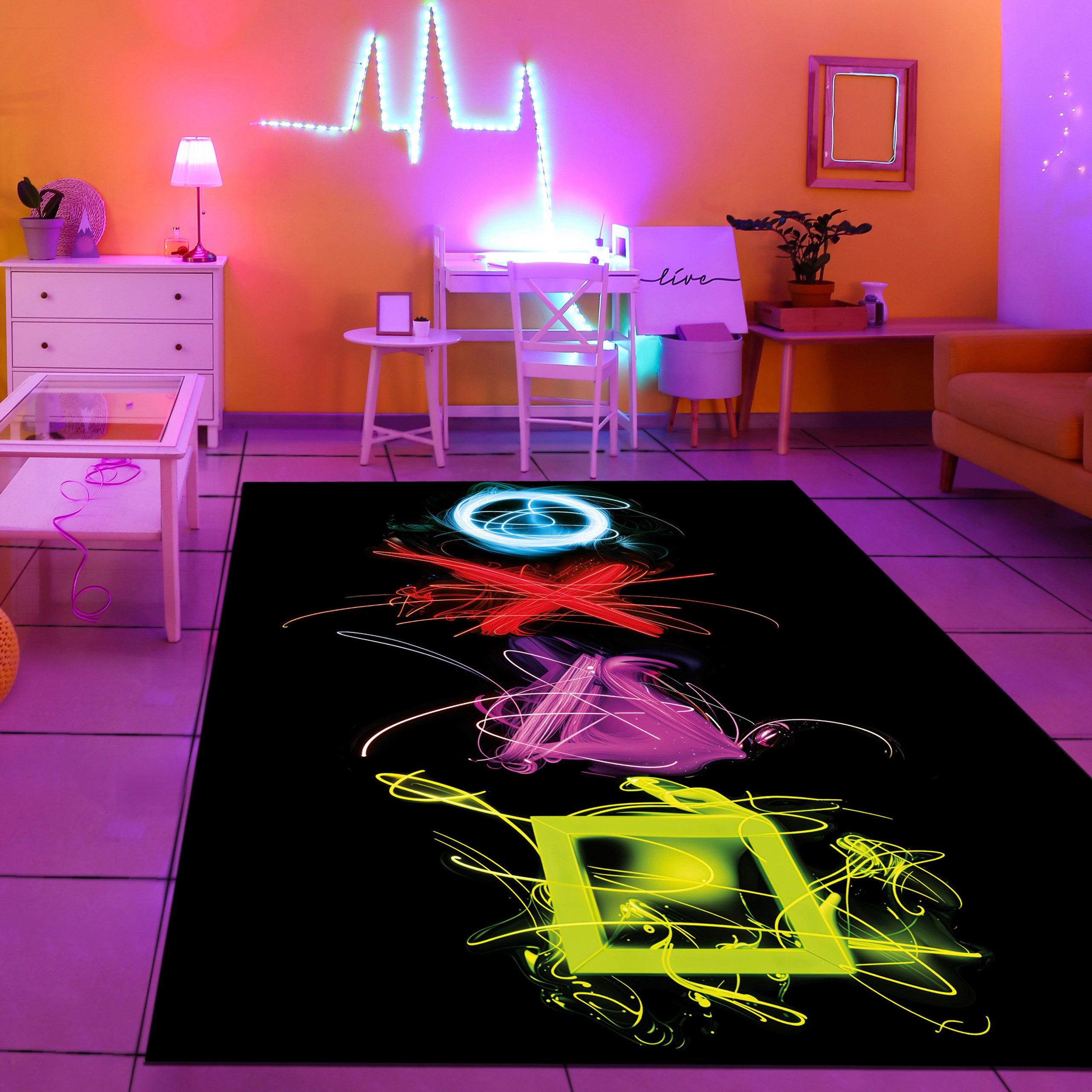 TeppichHome24 Teppich Gaming Teppich mit neonfarbigen Symbolen, rechteckig günstig online kaufen