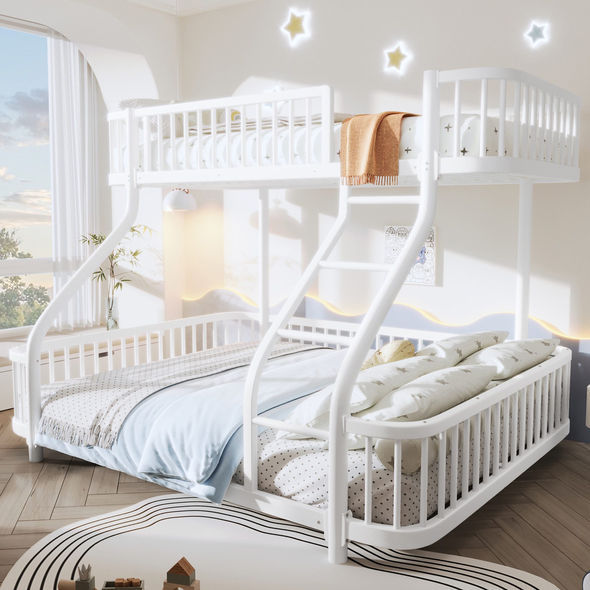 Flieks Etagenbett, Kinderbett Metallbett 90+140x200cm mit Schutzgitter Schrägleiter