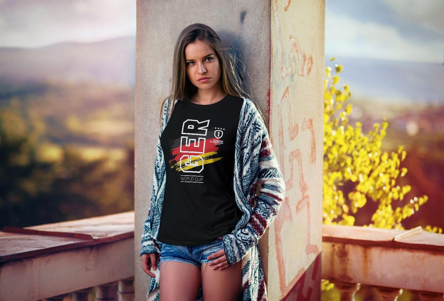 MoonWorks Print-Shirt Damen Fan-Shirt Deutschland WM 2018 Fußball Weltmeisterschaft Trikot Flagge T-Shirt Fußball-Shirt Deutschland-Shirt Fan-Trikot Deutschland-Trikot Moonworks® mit Print