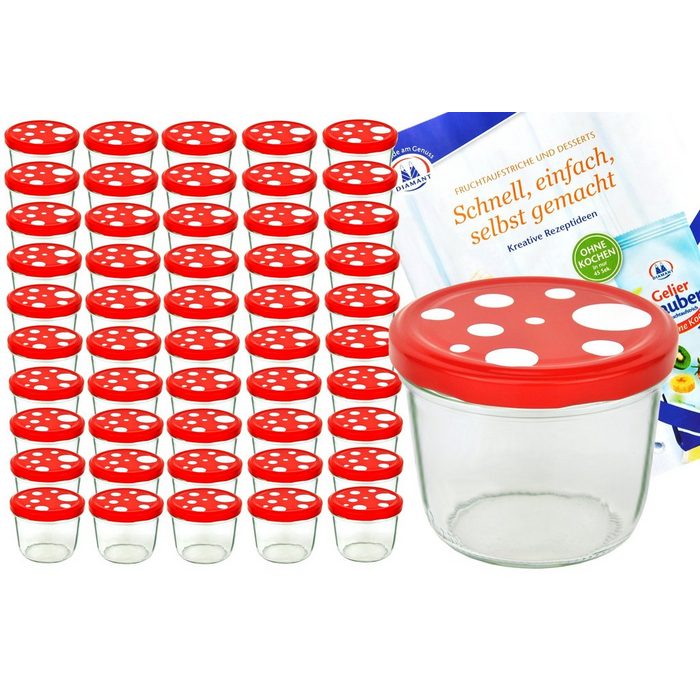 MamboCat Einmachglas 50er Set Sturzglas 230 ml To 82 Fliegenpilz Deckel rot weiß gepunktet incl. Diamant Gelierzauber Rezeptheft