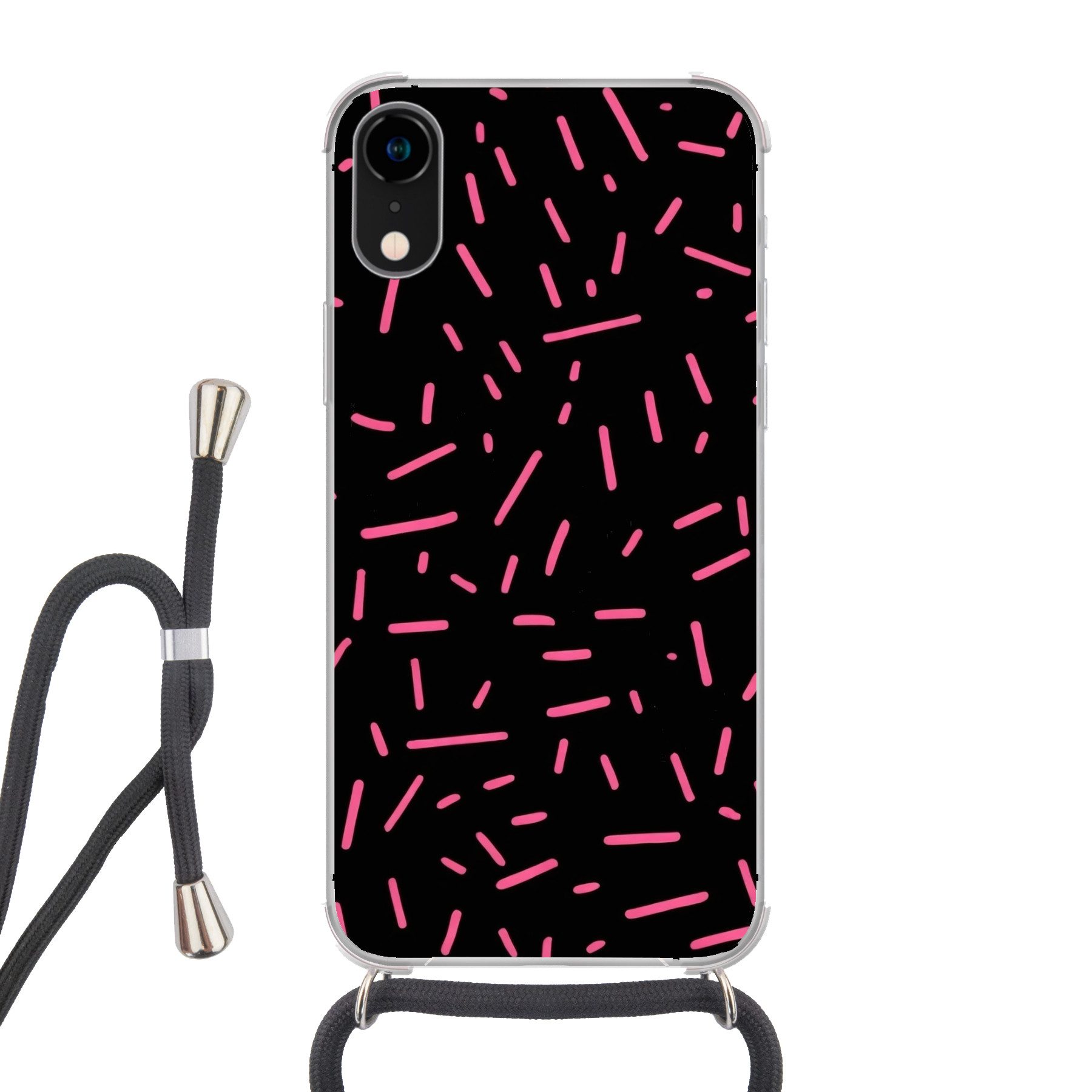 MuchoWow Handyhülle für Apple iPhone XR Spiele - Streifen - Rosa - Abstrakt, Tragbare Handyhüllen mit Kette zum umhängen, Handykette Handyband