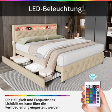 Flieks Polsterbett, LED Doppelbett 140x200cm Leinen mit USB-Aufladen und 4 Schubladen