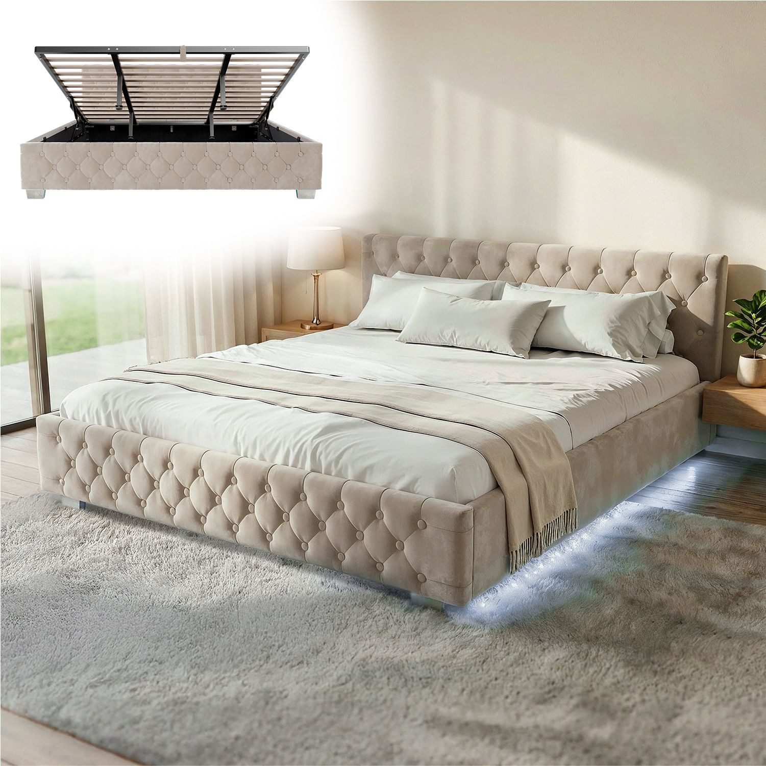 Juskys Polsterbett Nizza, Stauraum, LED Licht, Chesterfield Steppung, Samtbezug