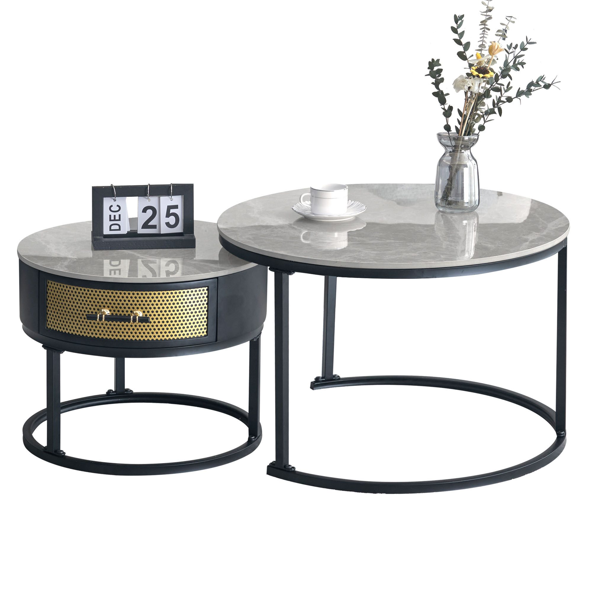 OKWISH Couchtisch 2er Set mit Metallrahmen (2-St), Saztisch aus Marmor und Massivholz