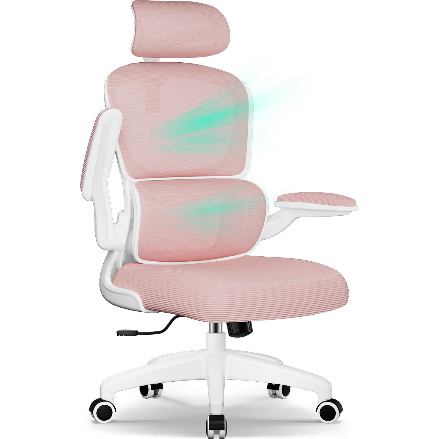 Fukstern Bürostuhl Ergonomischer Bürostuhl mit 90° klappbaren Armlehnen (Verstellbare Kopfstütze, atmungsaktiver Mesh-Bezug, Rücken- und Taillenstütze, Neigung fixierbar bei 90° (maximal kippbar bis 135), bis 150 kg belastbar