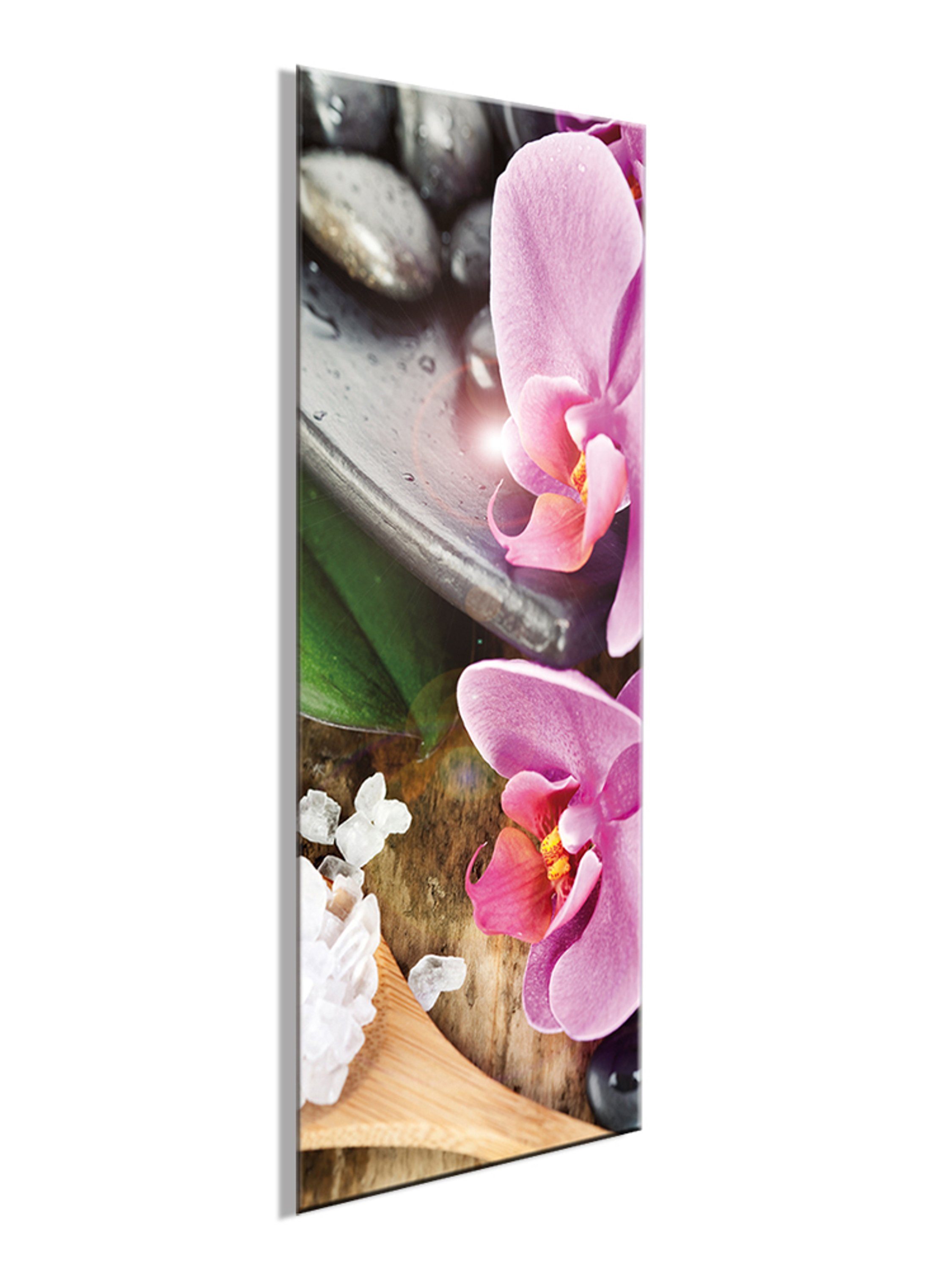 artissimo Glasbild Glasbild 30x80cm Blüten: Zen-Steine Blumen I Glas Hochformat Spa Bild aus und Orchidee, Zen Wellness