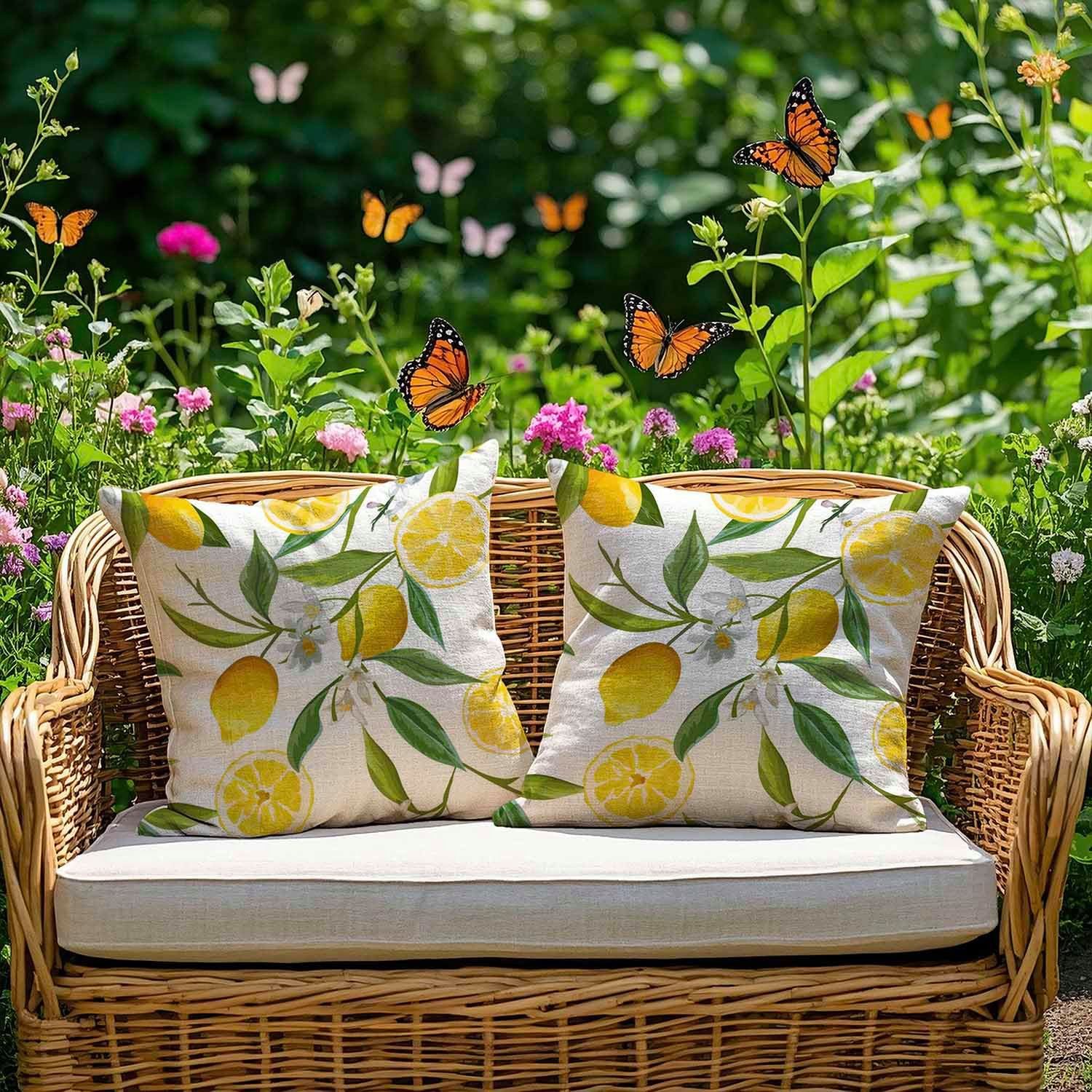 FOUORTUNATE-BEE Kissenbezug 2er Set Gelb Zitronen Kissenbezug Frühling Sommer Deko, (2 Stück), Sofakissen Dekokissen Gartenkissen für Wohnzimmer Bank Terrasse