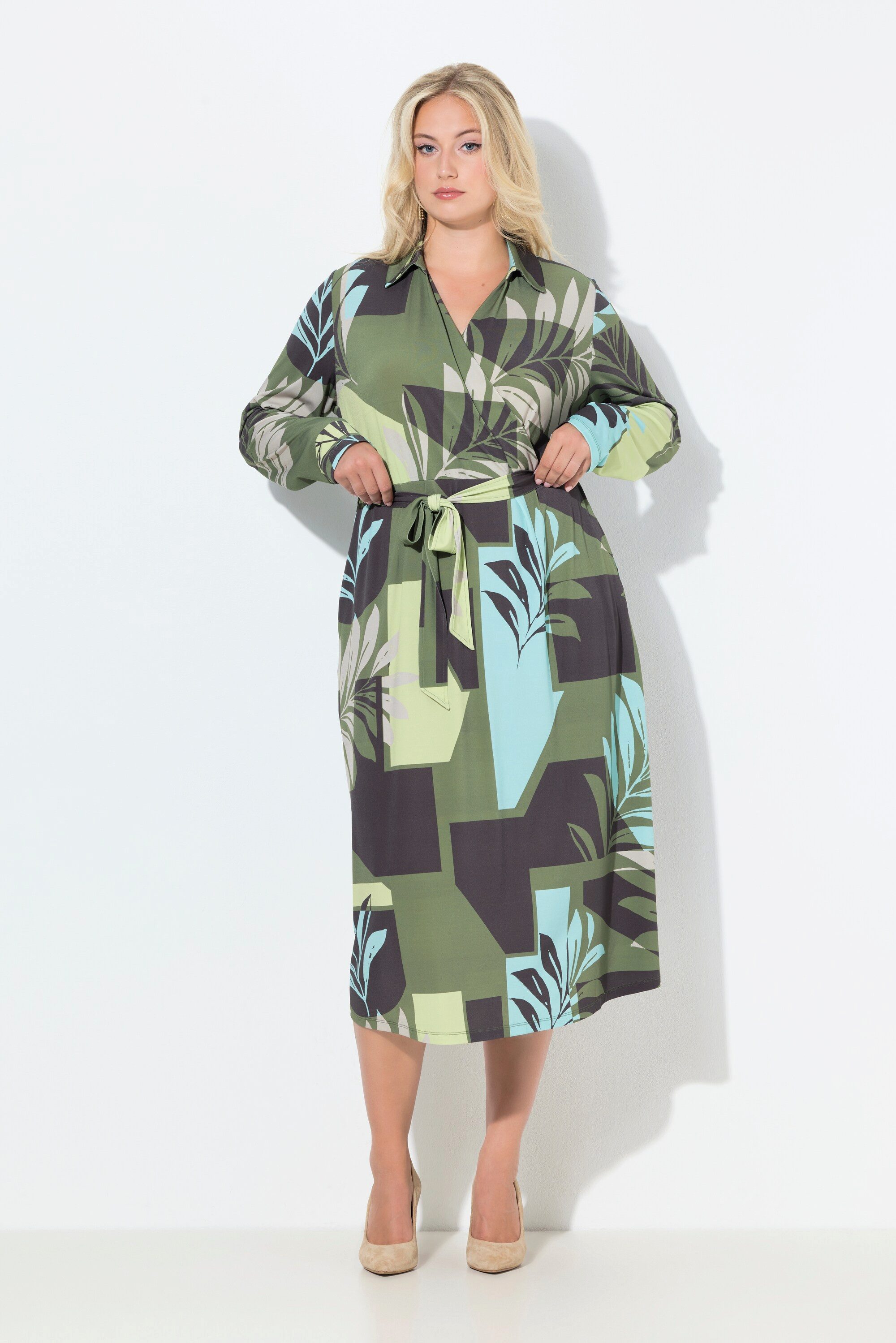 Ulla Popken Minikleid Midikleid Blätter Hemdkragen Langarm Taschen