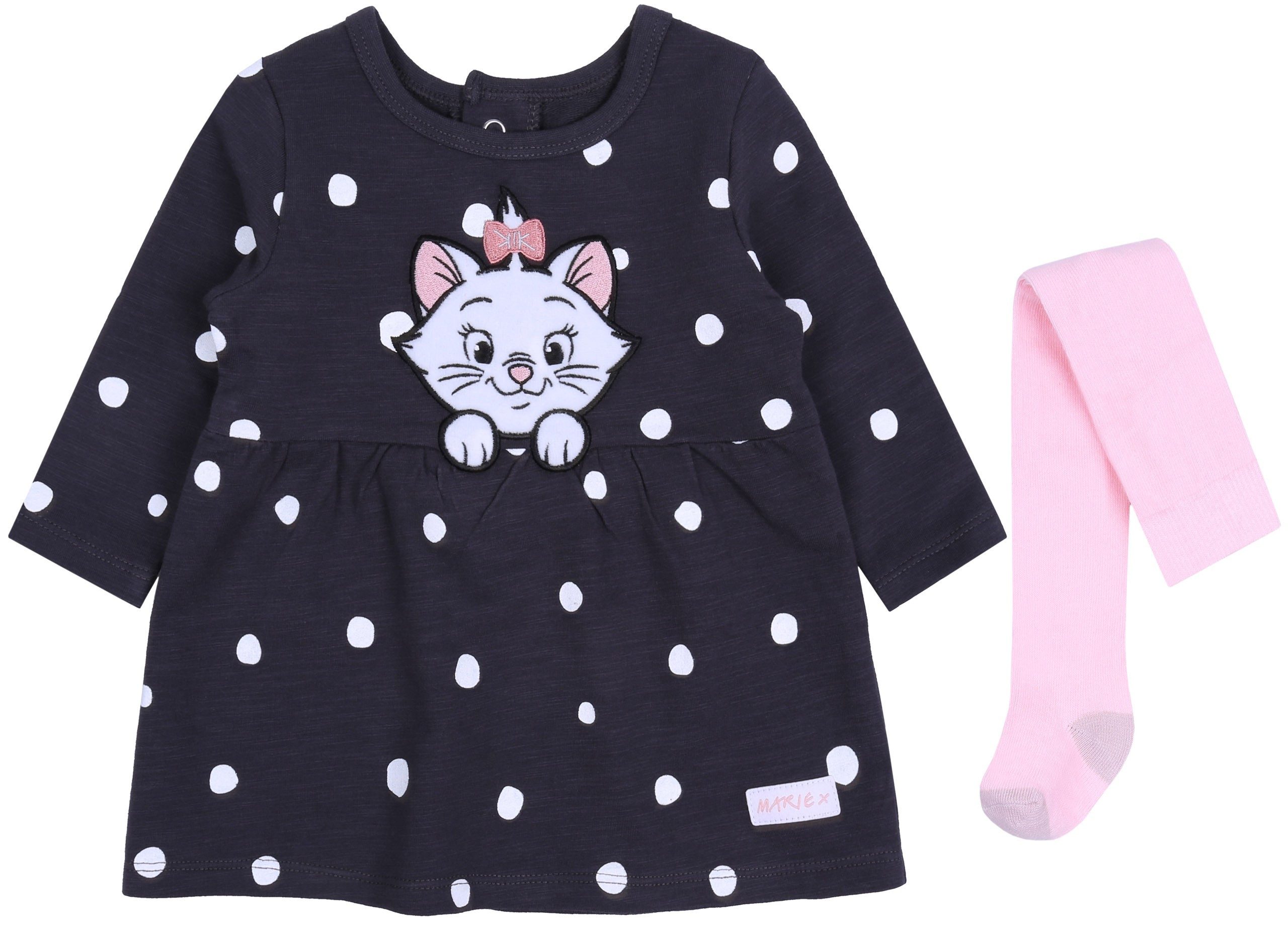 Druckkleid Schwarzgraues Babykleid Katze Marie und pinke Strumpfhose, 80